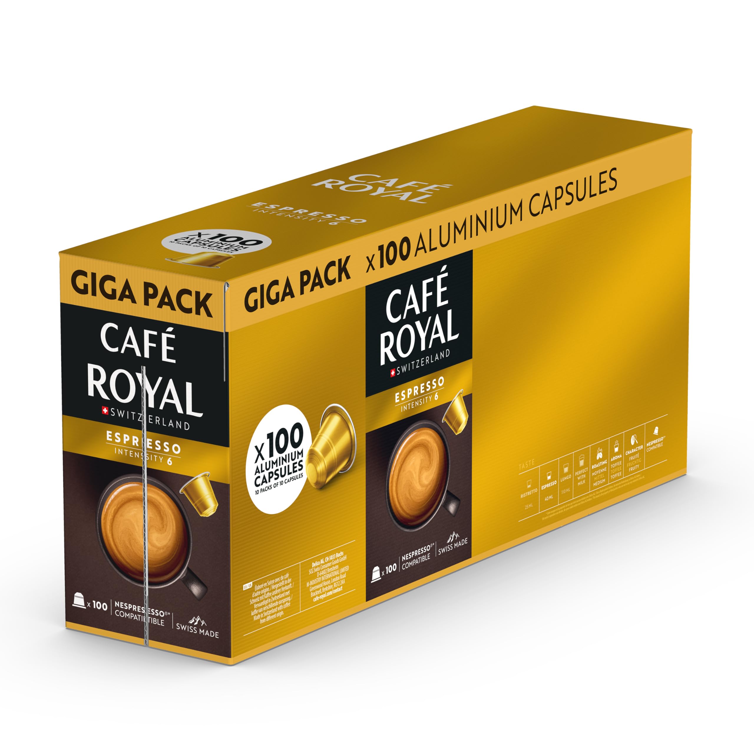 Café Royal, Espresso Promo Pack, 100 cápsulas compatibles con Nespresso (R), 80% aluminio reciclado, certificado Rainforest Alliance, 100% café arábica, intensidad 6
