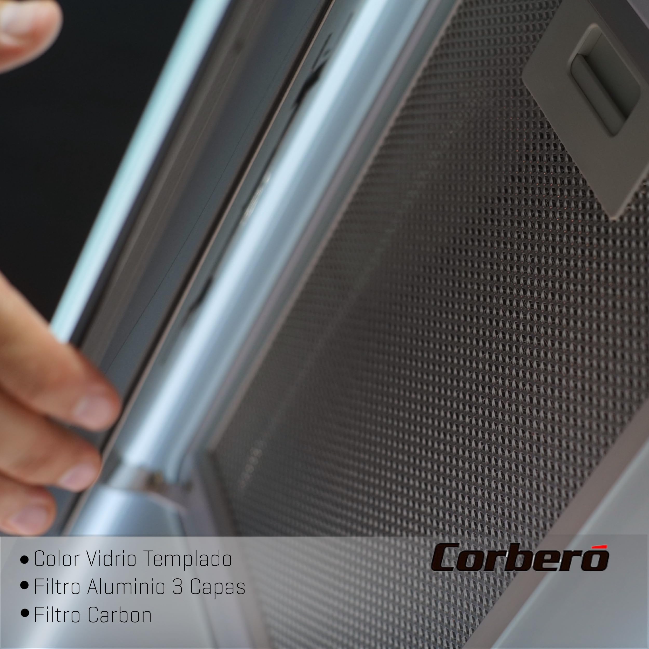 Corbero - Okap dekoracyjny 90 cm | ONEGA975W | 230 W | 3 prędkości | Sterowanie dotykowe | Przepływ 750 m3/h | Szkło hartowane | Filtr aluminiowy 3-warstwowy | Filtr węglowy biały | biały kryształ