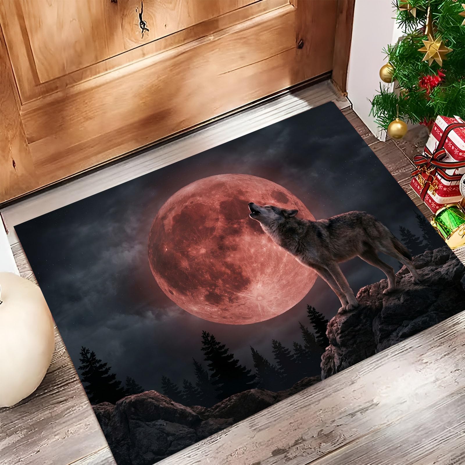 Zerbino Ingresso Interno Cielo Notturno Gotico Luna Sangue, Zerbino Di Benvenuto Lavabile Morbida Lupo Selvatico Animale, Antiscivolo Tappeto Da Decorazioni Antracite Per Casa Porta, 60X90Cm