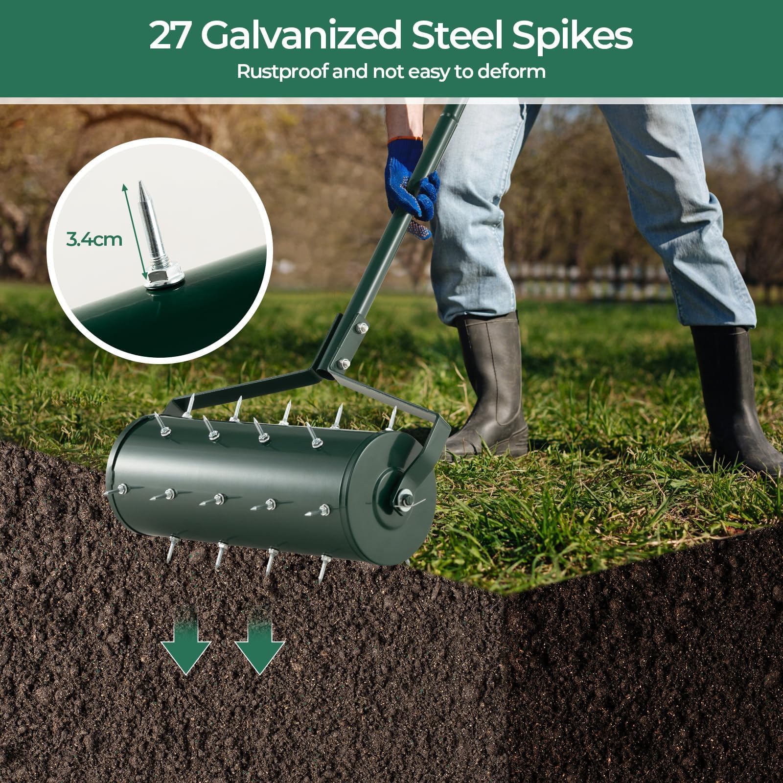 Aireador de césped, esparcidor rodante resistente de 45 cm/53 cm, herramienta para el cuidado del césped con mango de metal de 130 cm, rodillo de jardinería aireador manual para jardín, césped, patio