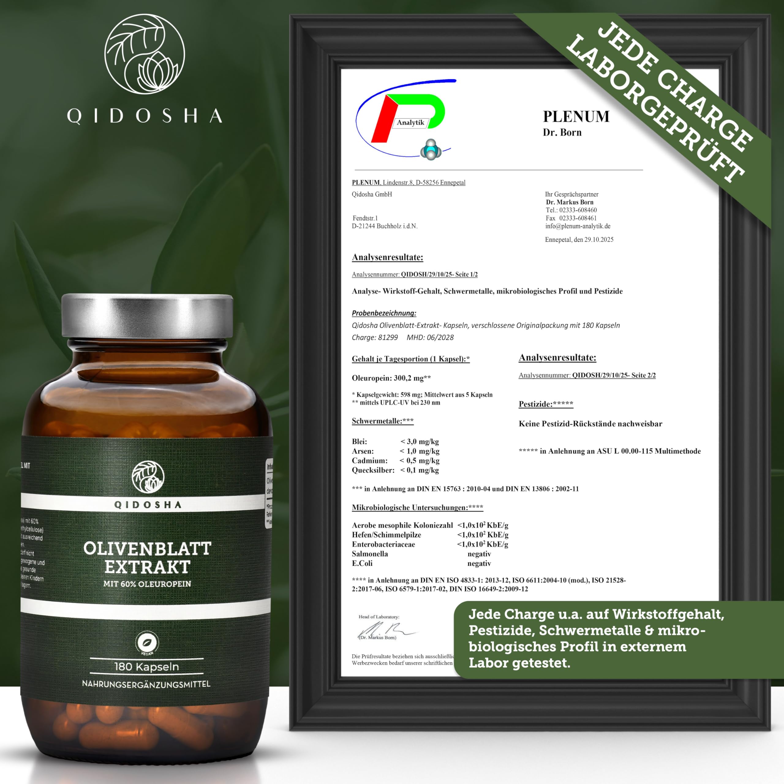 QIDOSHA® Olivenblatt Extrakt hochdosiert mit 60% Oleuropein, 180 Kapseln, höchster Oleuropein-Gehalt im Markt, jede Charge u.a. auf Pestizide und Schwermetalle in externem Labor geprüft
