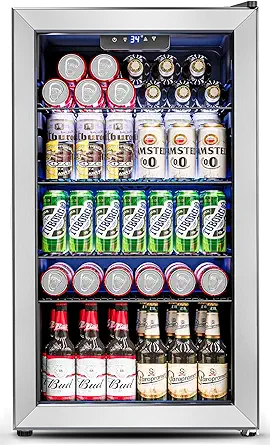 3.2 Cu.Ft Mini Fridge with Glass Door - 126 Can Beverage Refrigerator Cooler for Drink Beer Wine Soda, Small Refrigerator for Bedroom Office Bar Dorm, 4 Adjustable Shelves, Silver
