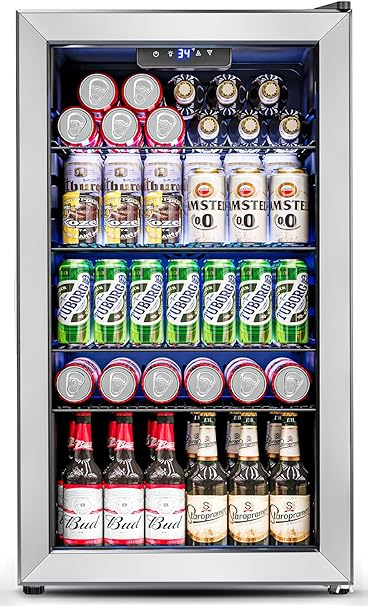 3.2 Cu.Ft Mini Fridge with Glass Door - 126 Can Beverage Refrigerator Cooler for Drink Beer Wine Soda, Small Refrigerator for Bedroom Office Bar Dorm, 4 Adjustable Shelves, Silver