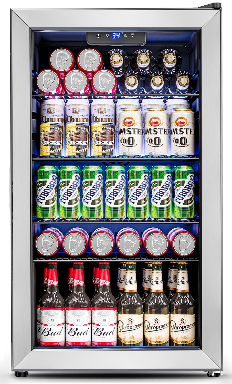 Feelfunn 3.2 Cu.Ft Mini Fridge with Glass Door - 126 Can Beverage Refrigerator Cooler for Drink Beer Wine Soda, Small Refrigerator for Bedroom Office Bar Dorm, 4 Adjustable Shelves, Silver