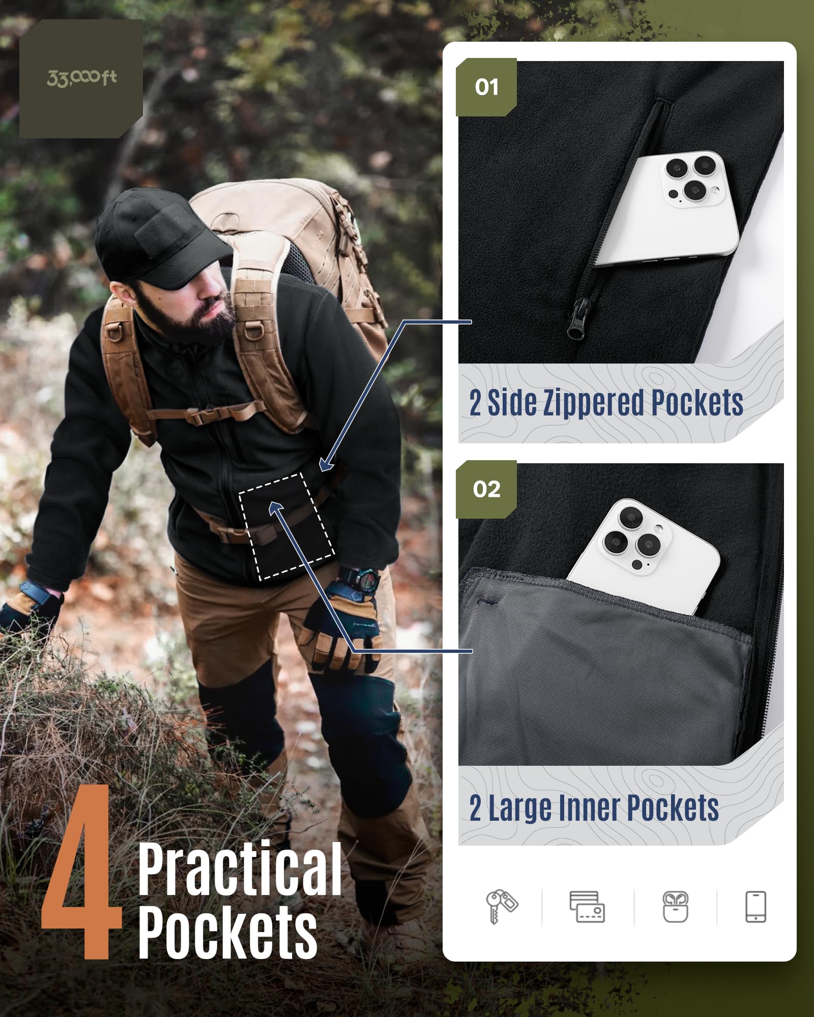 33,000ft Herren Fleecejacke leicht Strickjacke Übergangsjacke Outdoor Fleecejacken Warm Winterjacke für Wandern Freizeit Trekking