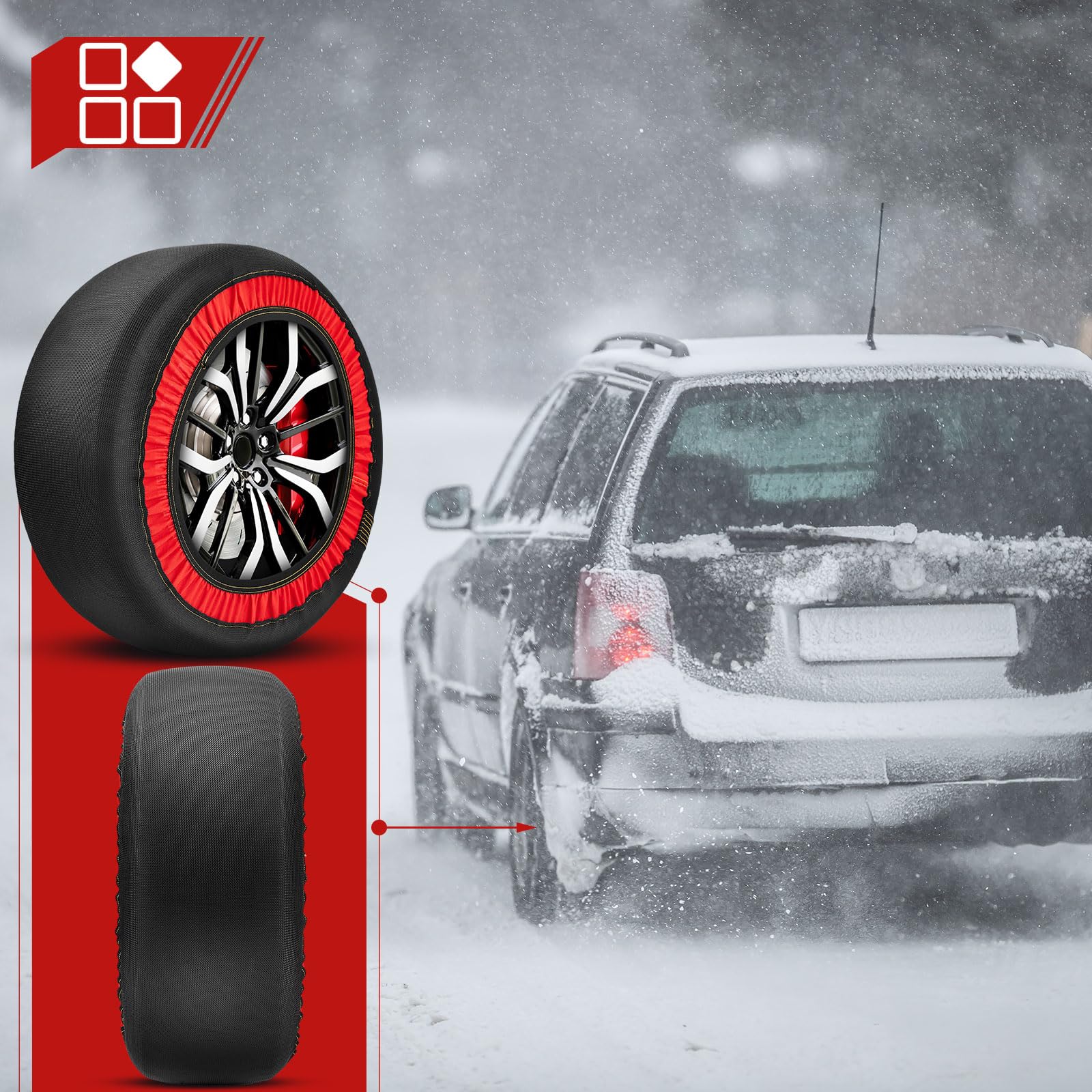 DaisyInner Paquete de 4 calcetines de nieve para neumáticos, calcetines de nieve de tela, fáciles de instalar, con 2 pares de guantes, accesorios de invierno para automóviles, SUV, camiones,