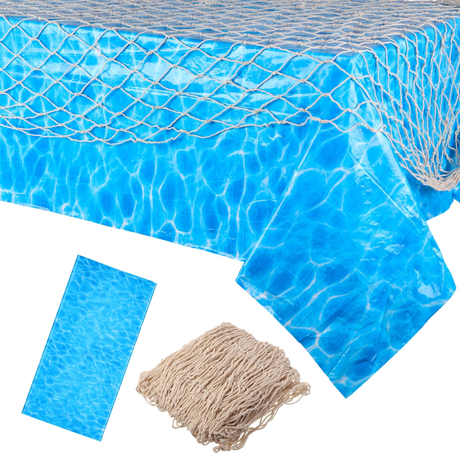 Tegeme 2 Pcs Fish Net Decorative and Ocean Waves Tablecloth Set, 1 Cotton Fishnet and 1 Plastic Water Print Table Cover for Nautical Theme, Pirate, Hawaiian, Underwater, Beach Ocean & Mermaid Party
