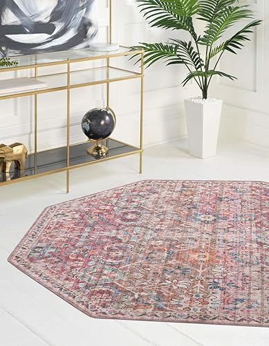 Rugs.com Nostalgia Collection - Alfombra lavable de 7 pies y 10 pies, octagonal, color marfil y rosa, perfecta para salas de estar, cocinas, entradas