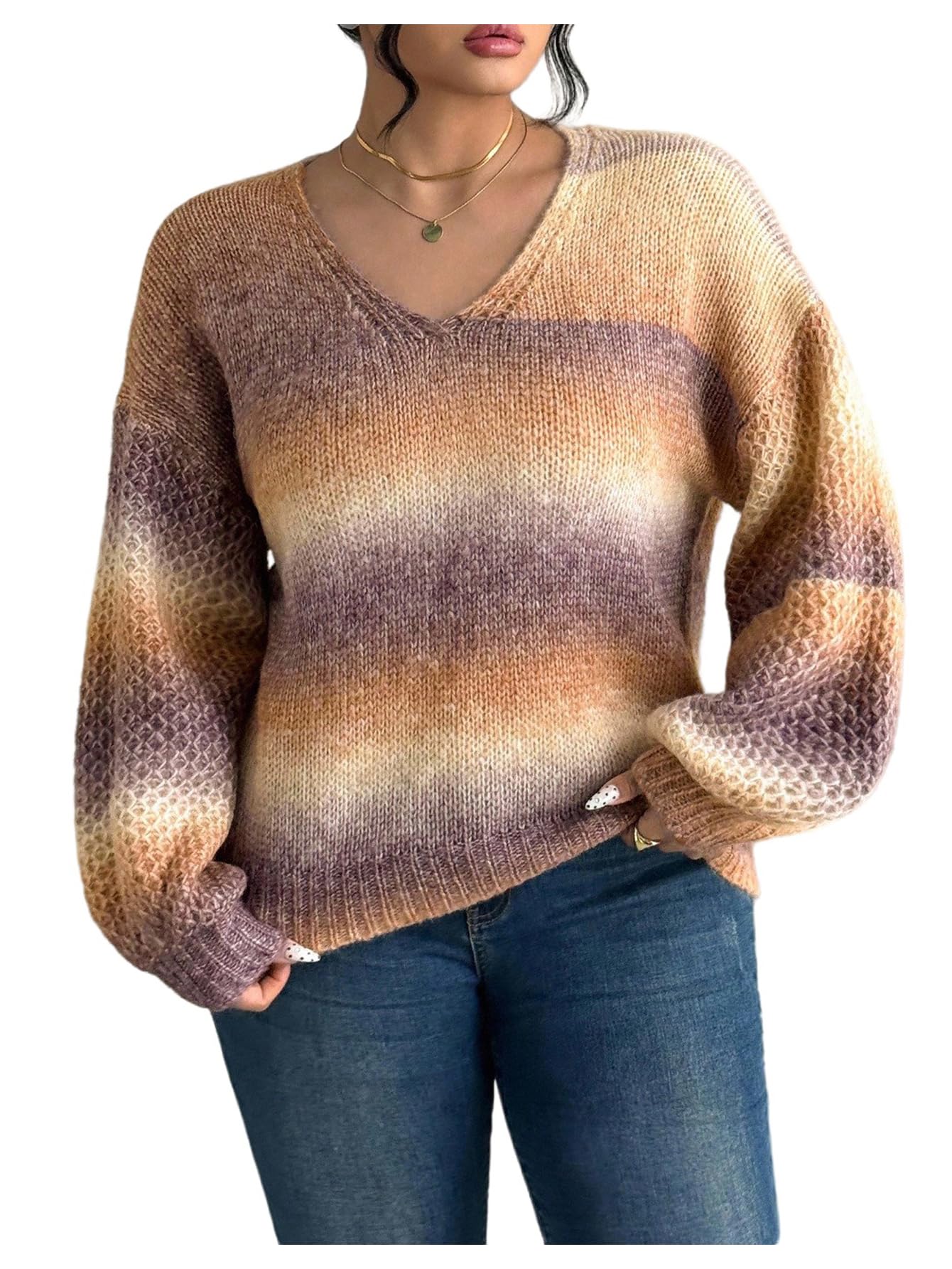 OYOANGLE Womens Plus Size Ombre Lantern Long Sleeve Sweater V Neck Drop Shoulder Pullover Knit Tops