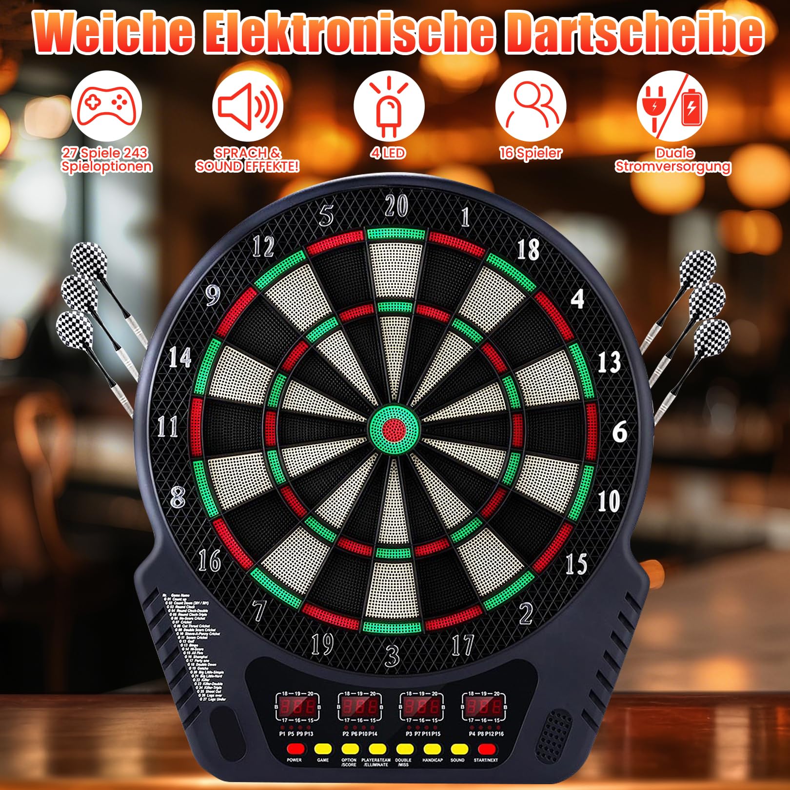 Elektronische Dartscheibe für 1-16 Spieler, E-Dartboards Dartautomat mit 4 LCD-Anzeige und 6 Darts und 24 Pfeilkopf 27 Spiele mit 243 Spieloptionen Profi Elektronik Dartspiel