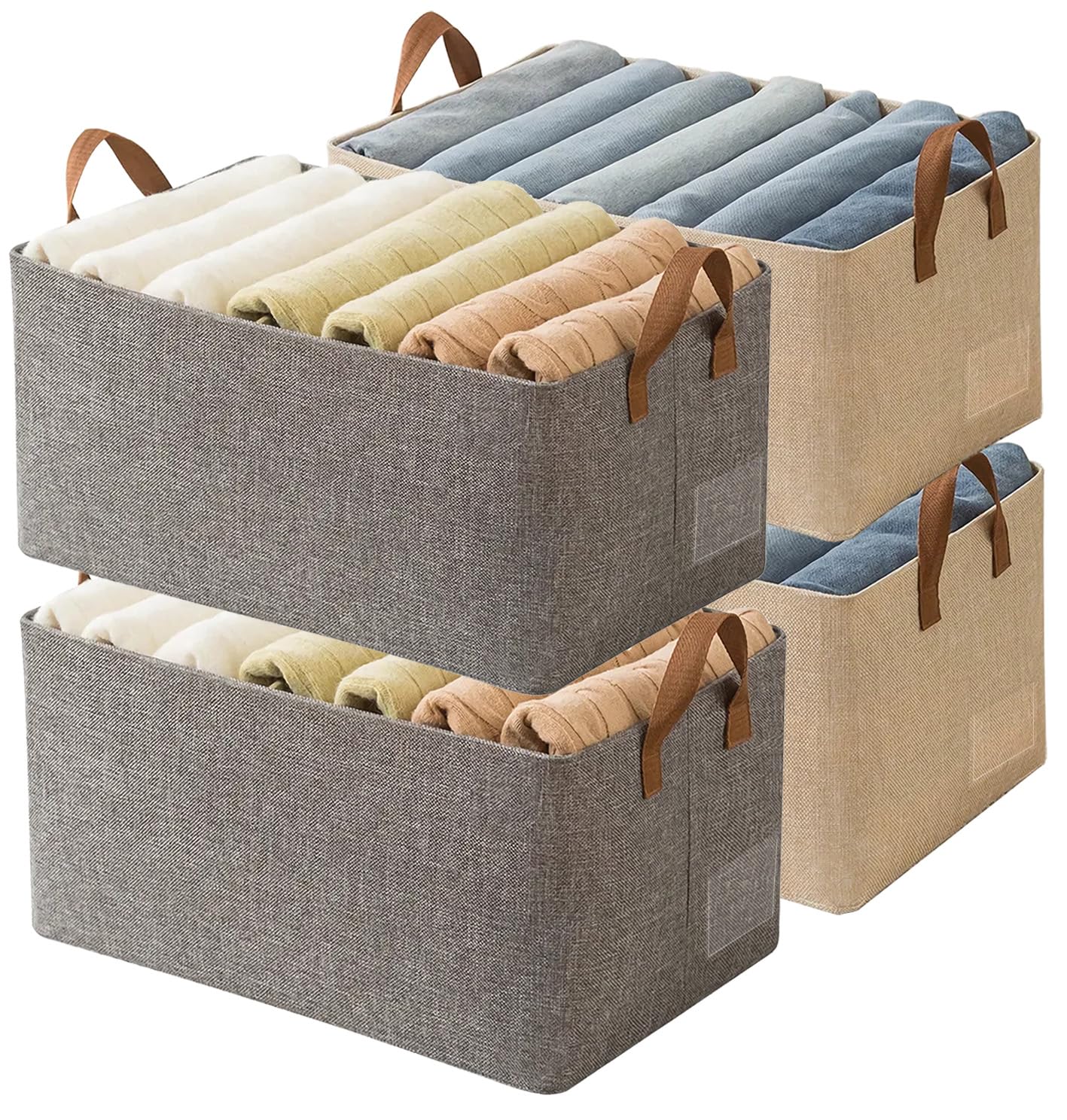 AARAINBOW 4 Pcs Closet Clothes Organizer with Handle, Closet Shelf Fabric Storage Box Steel Frame, Stackable Shelf Storage Baskets Foldable Wardrobe Storage Box for Clothes Pants, 23L (2 Gray 2 Beige)