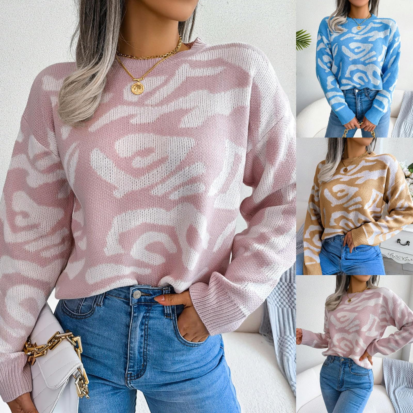 Maglione Donna Stiter A Maniche Lunghe con Cucitura Rotonda Stampato d'Autunno da Donna XL-Cachi-s