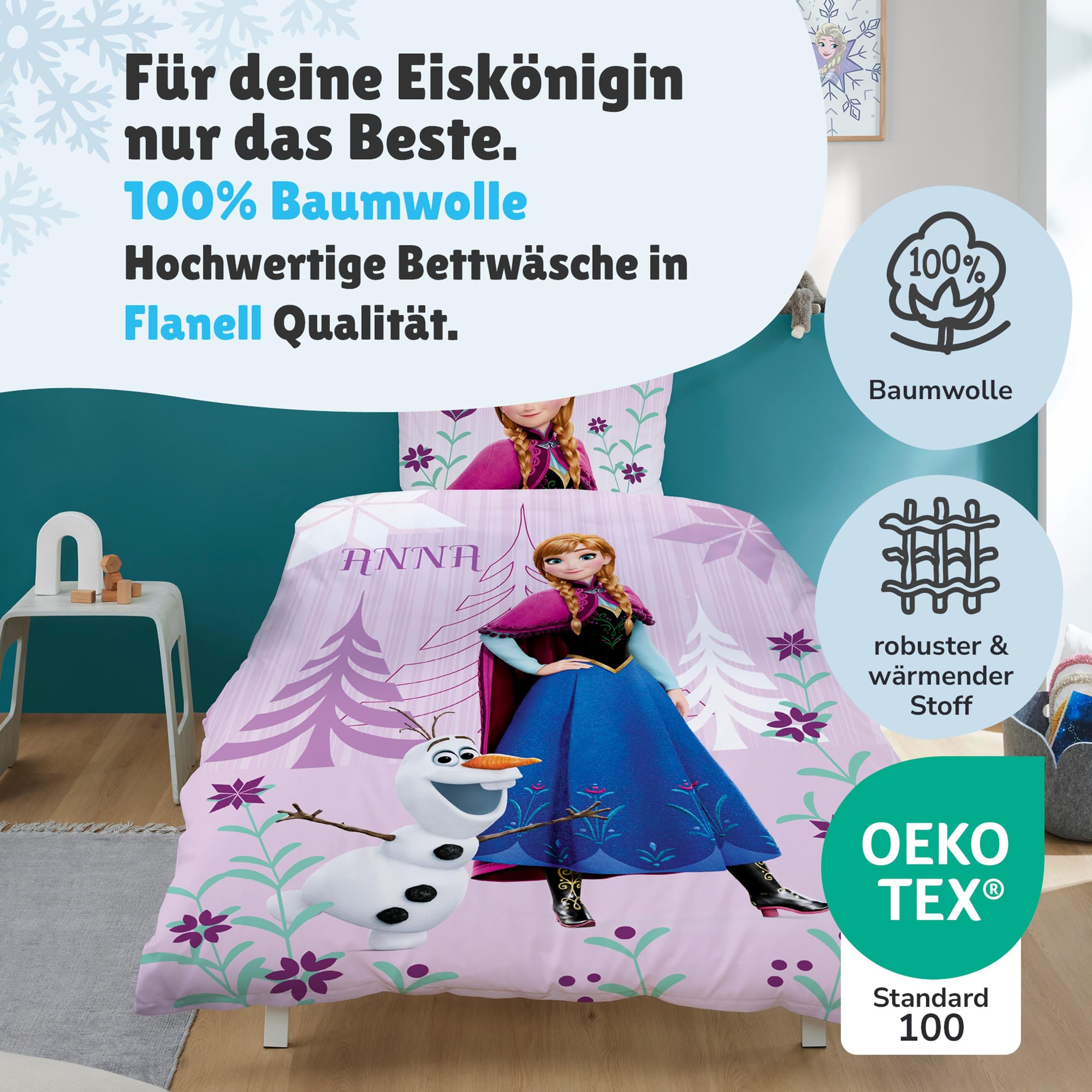 Familando Frozen Bettwäsche-Set (2-teilig) – Decken- & Kissenbezug 135x200 cm & 80x80 cm mit Reißverschluss – Flanell aus 100% Baumwolle – Wendemotiv mit Anna & ELSA – Öko-TEX Zertifiziert – Winter