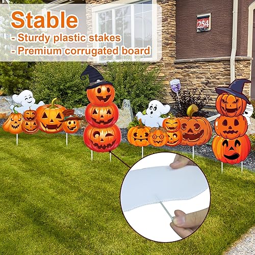 Miniatura 4 de Letreros grandes de Halloween para patio, estacas de jardín para decoraciones de Halloween al aire libre, 3 niveles de Halloween, calabaza,