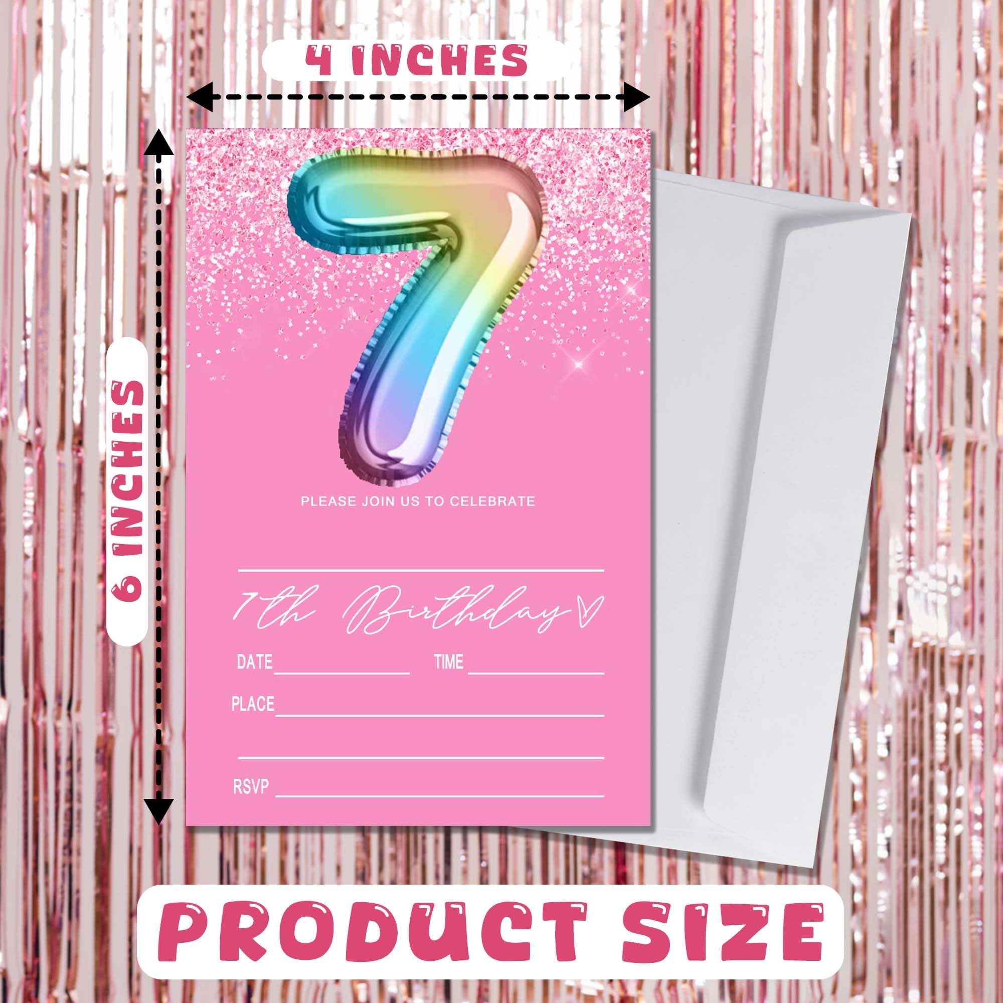Wybgno Pink 7th Birthday Invitation for Girls 20 Pieces Glitter Birthday invitation Rainbow Foil Print Invite Cards With Envelopes, Birthday Party Supplies (4×6 inch) -C24