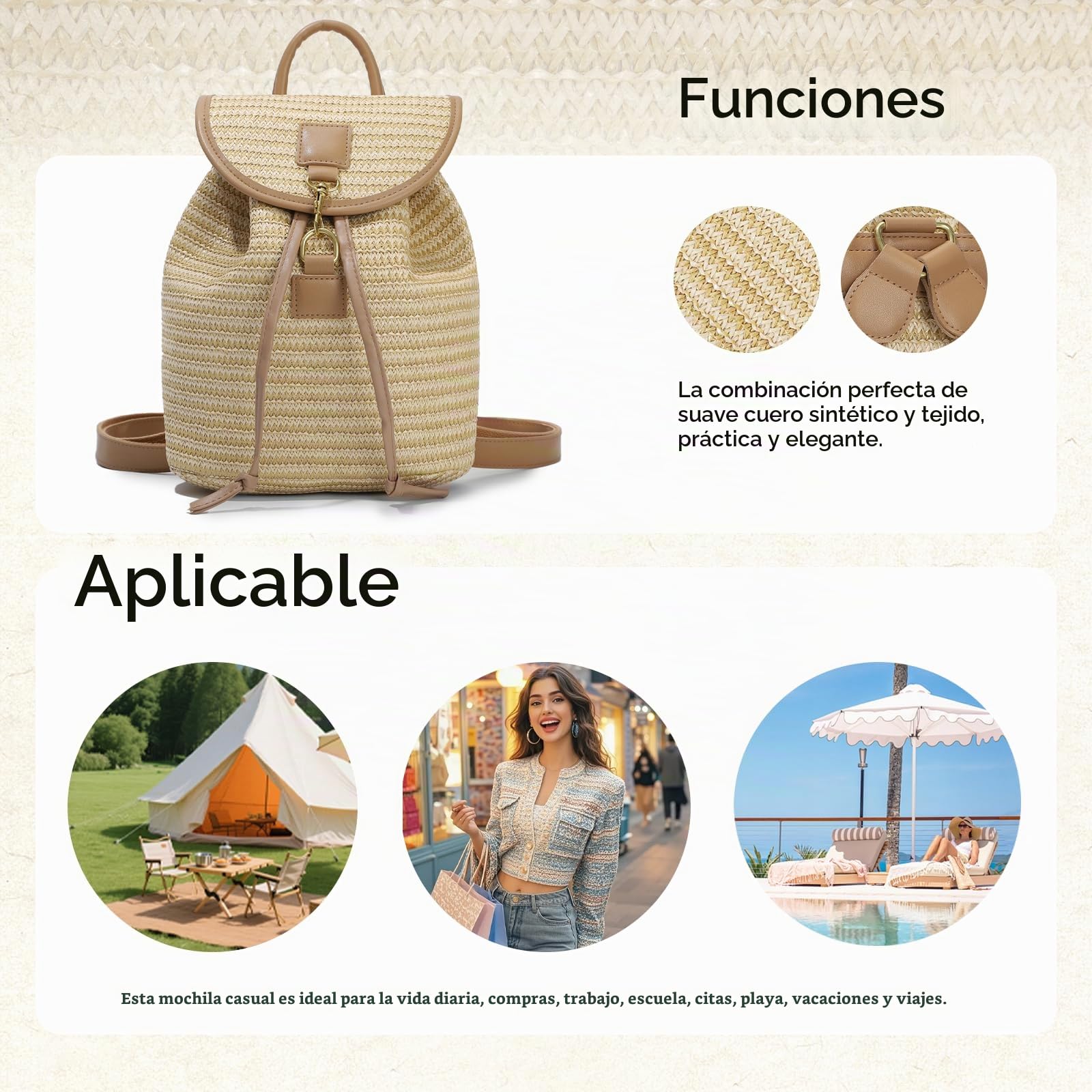 Mochila de paja tejida de mujeres Mochila de moda Mochila de verano de vacaciones en la playa