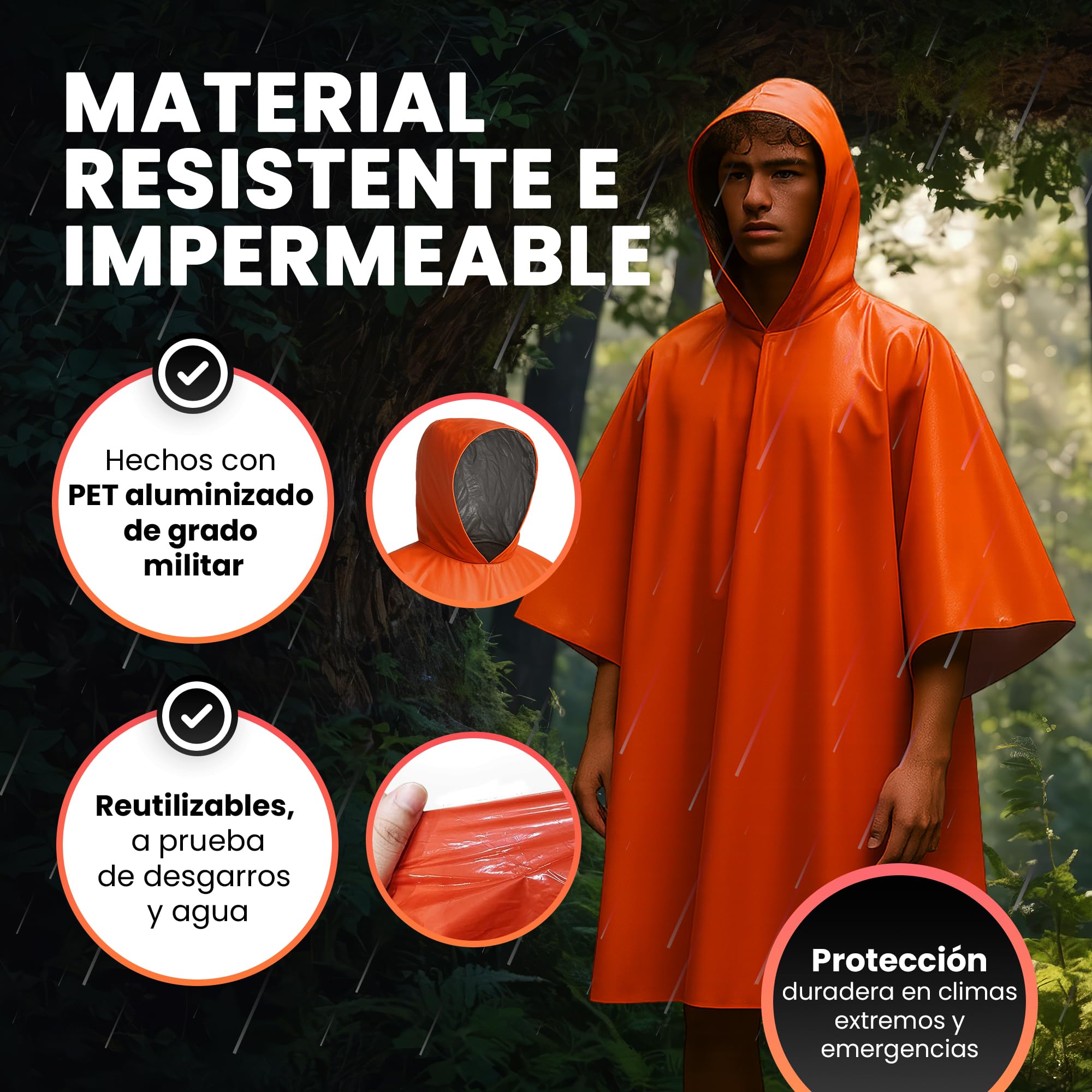 Poncho Impermeable 4 Pc - Kit Supervivencia 72 Horas Equipada - Poncho Lluvia - Manta Termica Supervivencia Reversible con Capucha para Retención de Calor y Lluvia - Resistente al Viento.