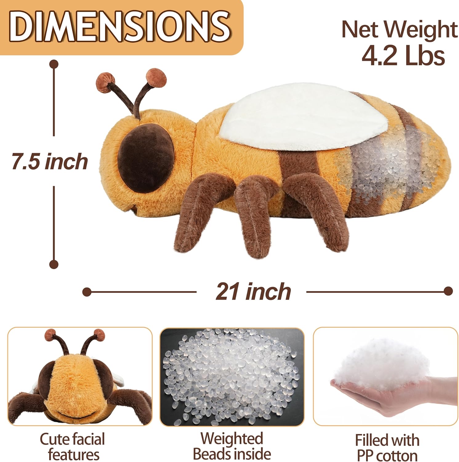 CSVBTRF Weighted Stuffed Animal, 4.2 lbs 21" Bee Plush Hugging Pillow for Gift - Bee Stuffed Animal Yellow Bee