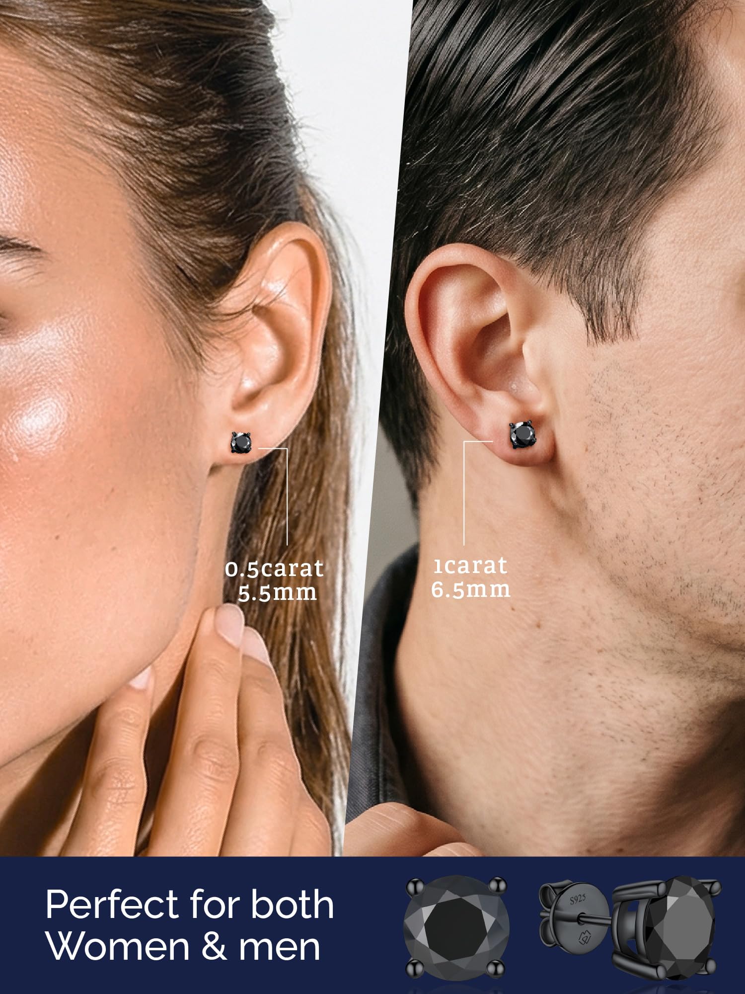 MomentWish Boucle d'oreille Homme, 1-4 Carats Moissanite Boucle d oreille Noir Diamant Argent Sterling 925 Bijoux Cadeau Homme pour Lui 4/5/5.5/6.5/8 mm