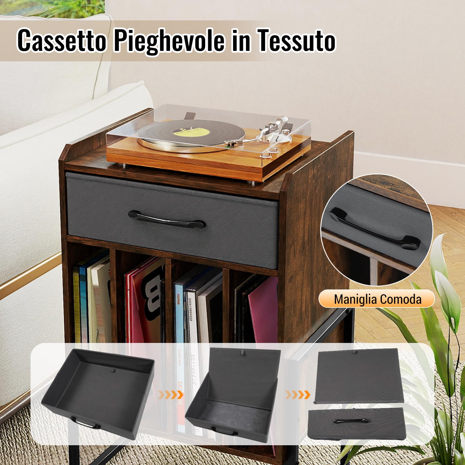 COSTWAY Supporto per Giradischi, Mobile Giradischi in Legno con Cassetto in Tessuto e 4 Scomparti, per fino a 160 Dischi in Vinile, Scaffale per Dischi in Stile Retrò per Soggiorno e Camera da Letto