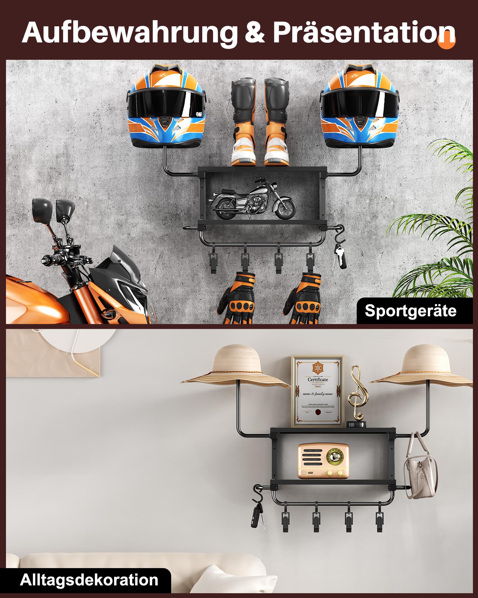 Motorradhelm Halterung Wand für 2 Helme, Motorrad Garderobe Wand mit Kleiderbügel und Haken, 30 kg Tragfähigkeit, geeignet für Fahrrad und Skihelme (Schwarz)