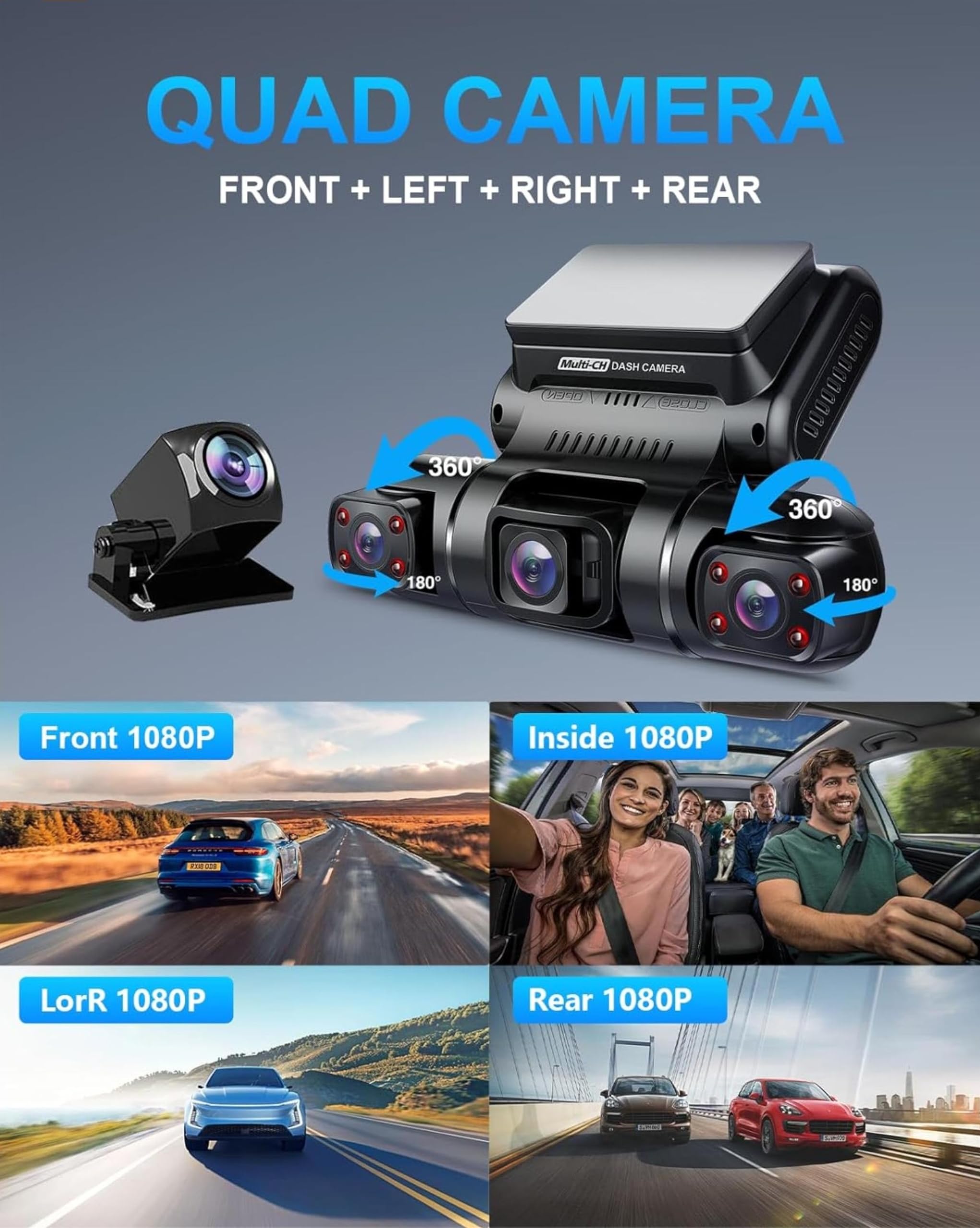4 lenti Dashcam Quad 4x1080P Anteriore,Sinistra,Destra e Posteriore con Parcheggio GPS WiFi 24H/7,Visione Notturna IR Dash Cam Auto,150 ° Angolo Largo WDR 3 Pollici TFT G Sensor Libero 128GB