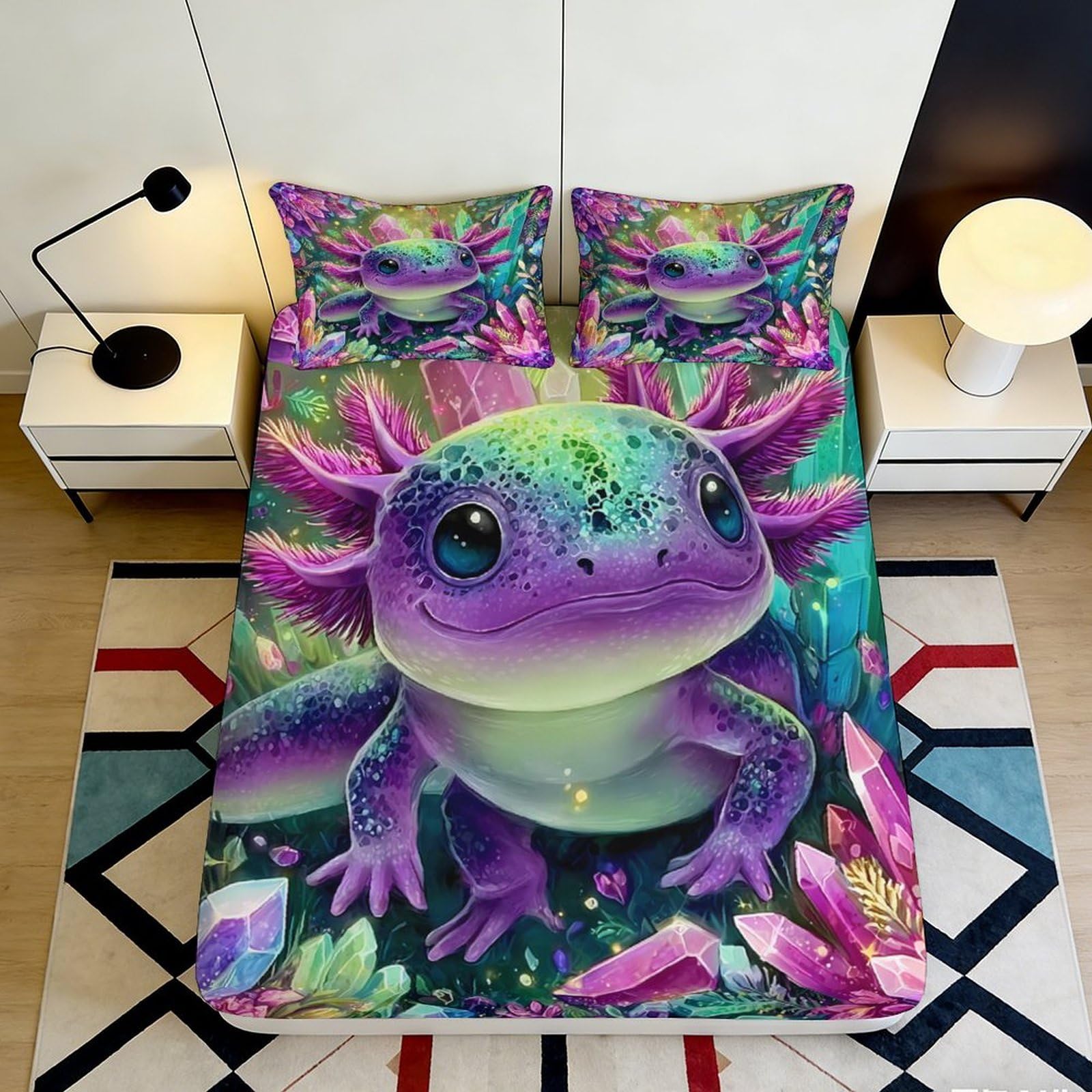 3D Printed Fantasy Axolotl Fitted Sheet Microfiber Soft Purple Crystal Mattress Cover for Bedroom Dorm Decor 90x200x25cm