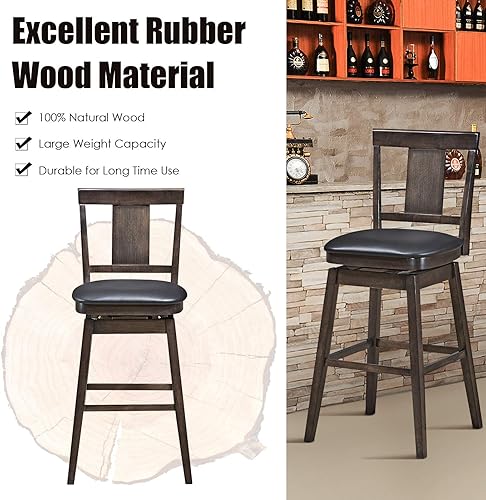 Miniatura 6 de COSTWAY Juego de 2 taburetes de bar, giratorios de 360 grados, taburete de bar de madera con altura de mostrador, asiento acolchado de cuero,