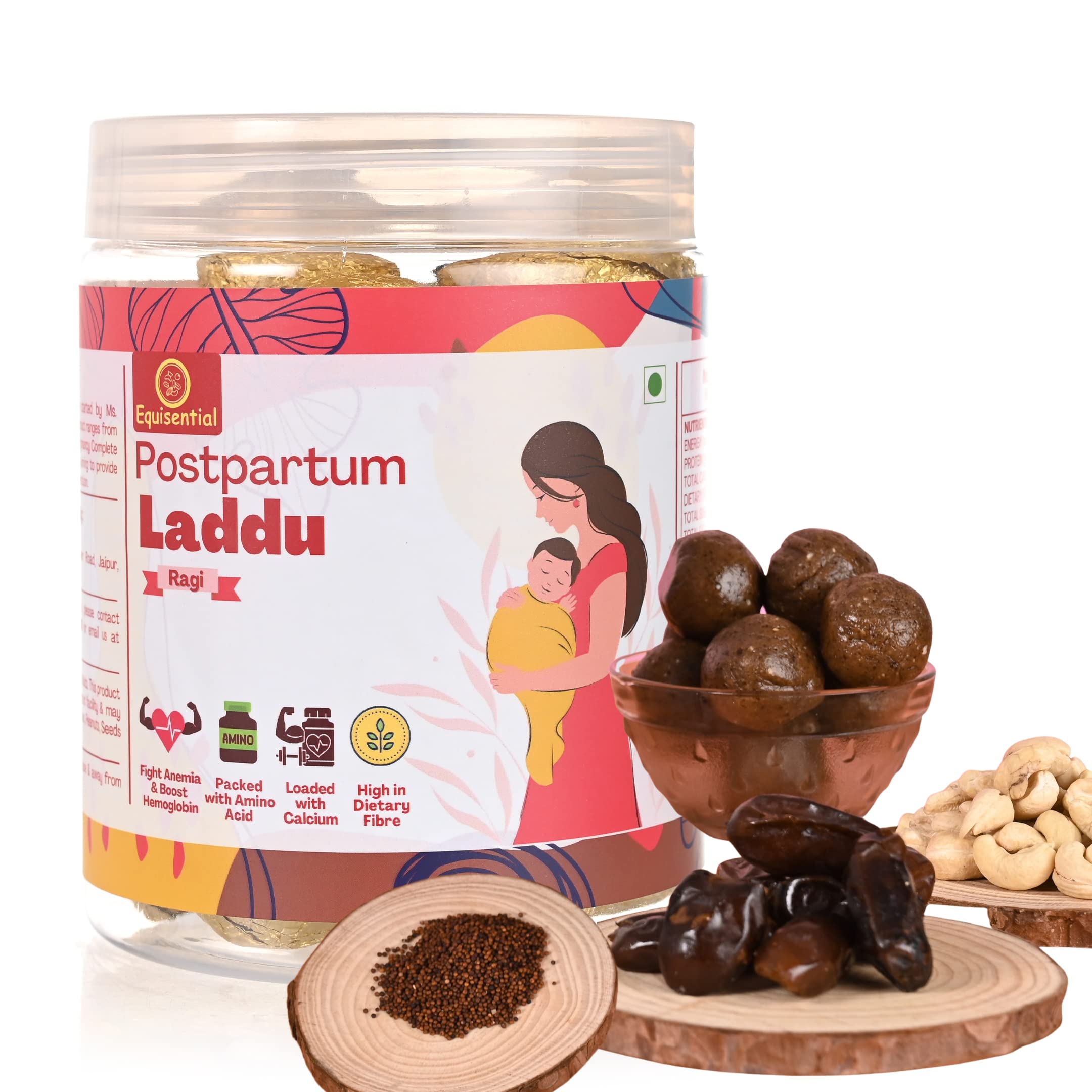 Equisential Postpartum Ragi Laddoos|Vegan & Gluten-Free|Mix of Ragi Flour,Cashew Butter,Coconut In Dates (Khajuur)|After Delivery Food For Mother|Post Natal Diet Laddu|500Gm |