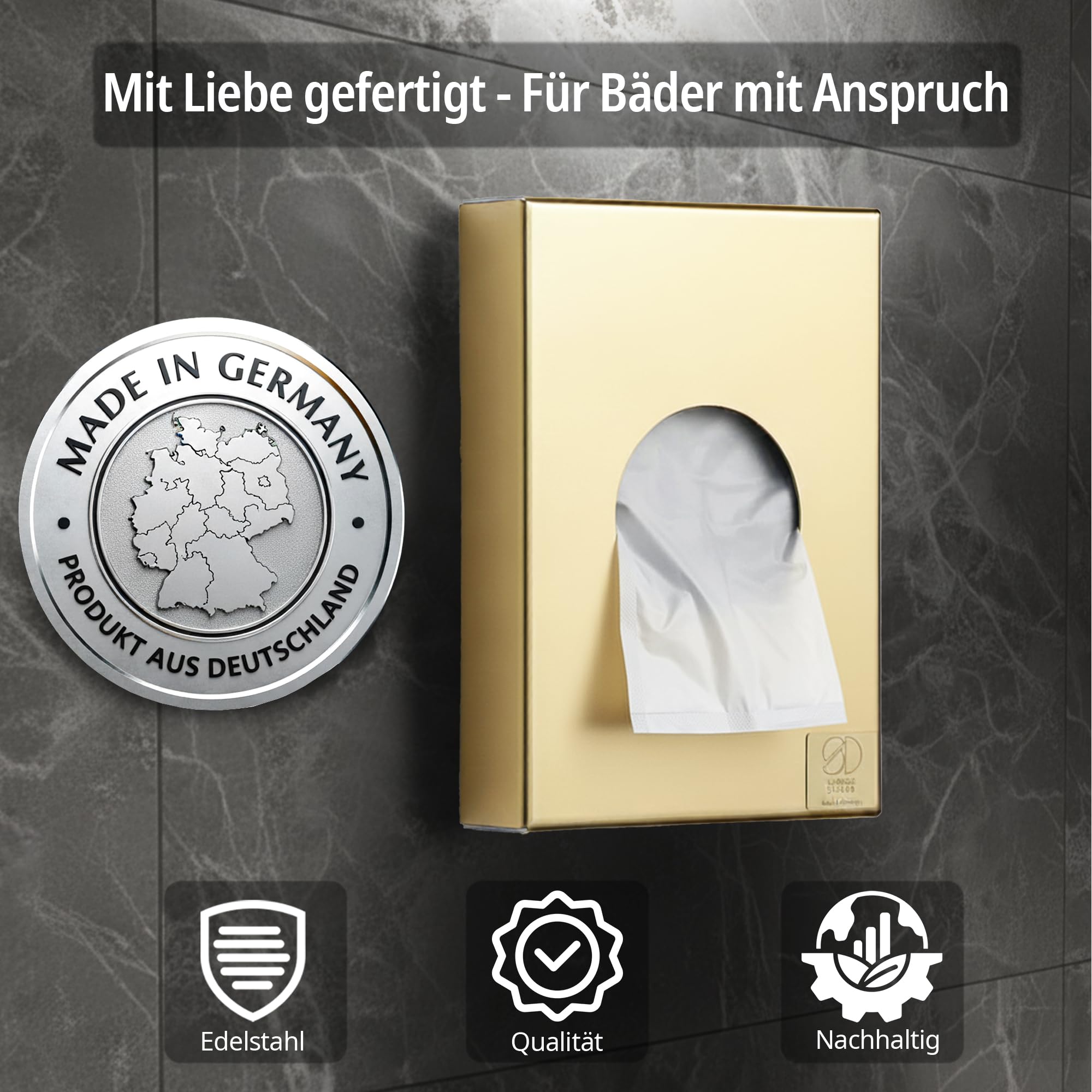 Hygienebeutelspender aus Edelstahl - Spender in Goldoptik, kompakter Spender für Hygienebeutel für Damenbinden und Tampons, hergestellt in Deutschland