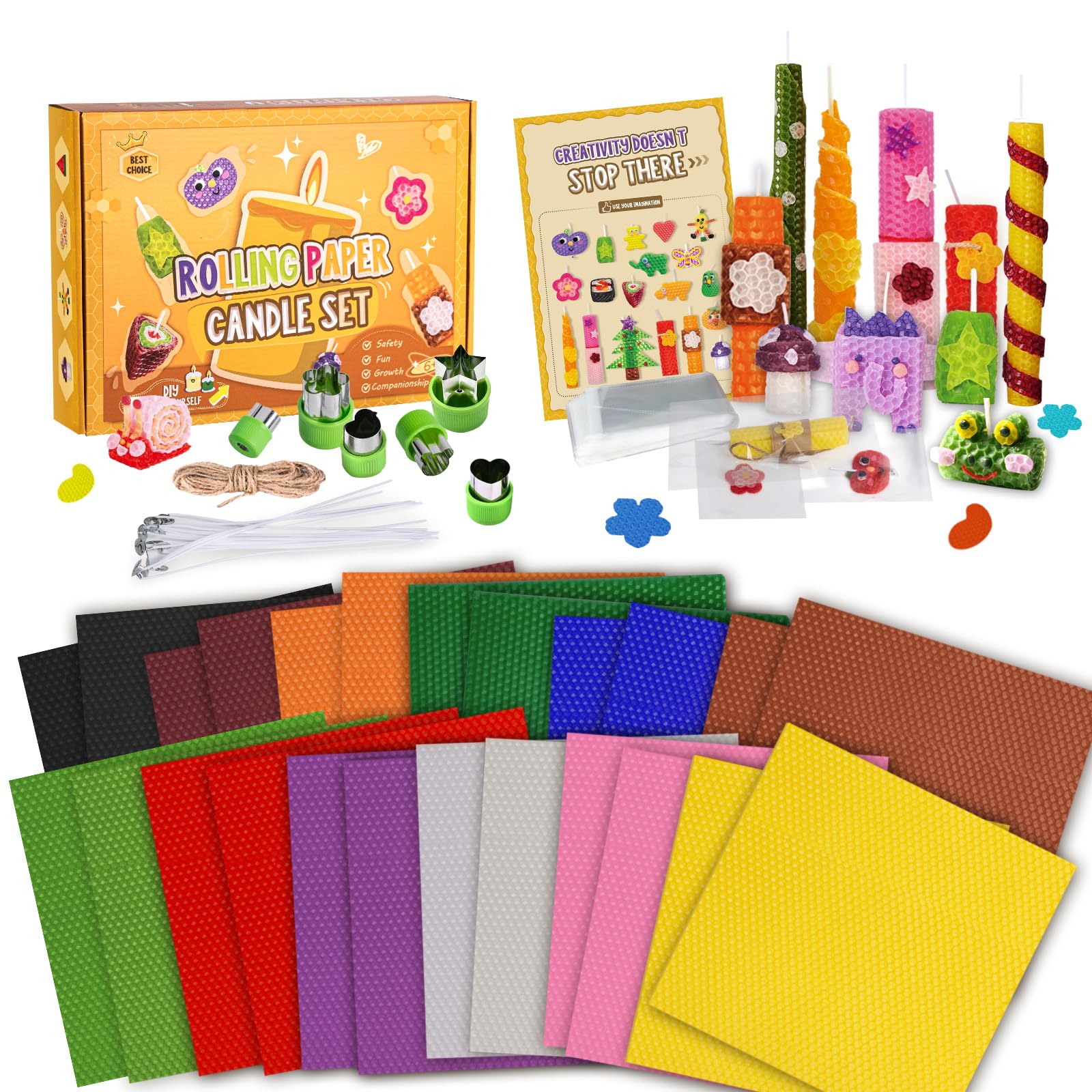BuzzoXerex Lot de 24 Feuilles de Cire d'abeille, Plaques de Cire d'abeille (20x20cm), Kit de Fabrication de Bougies avec Mèches Bougies, Bougie en Cire d'abeille pour Enfants (Couleur-24-2)