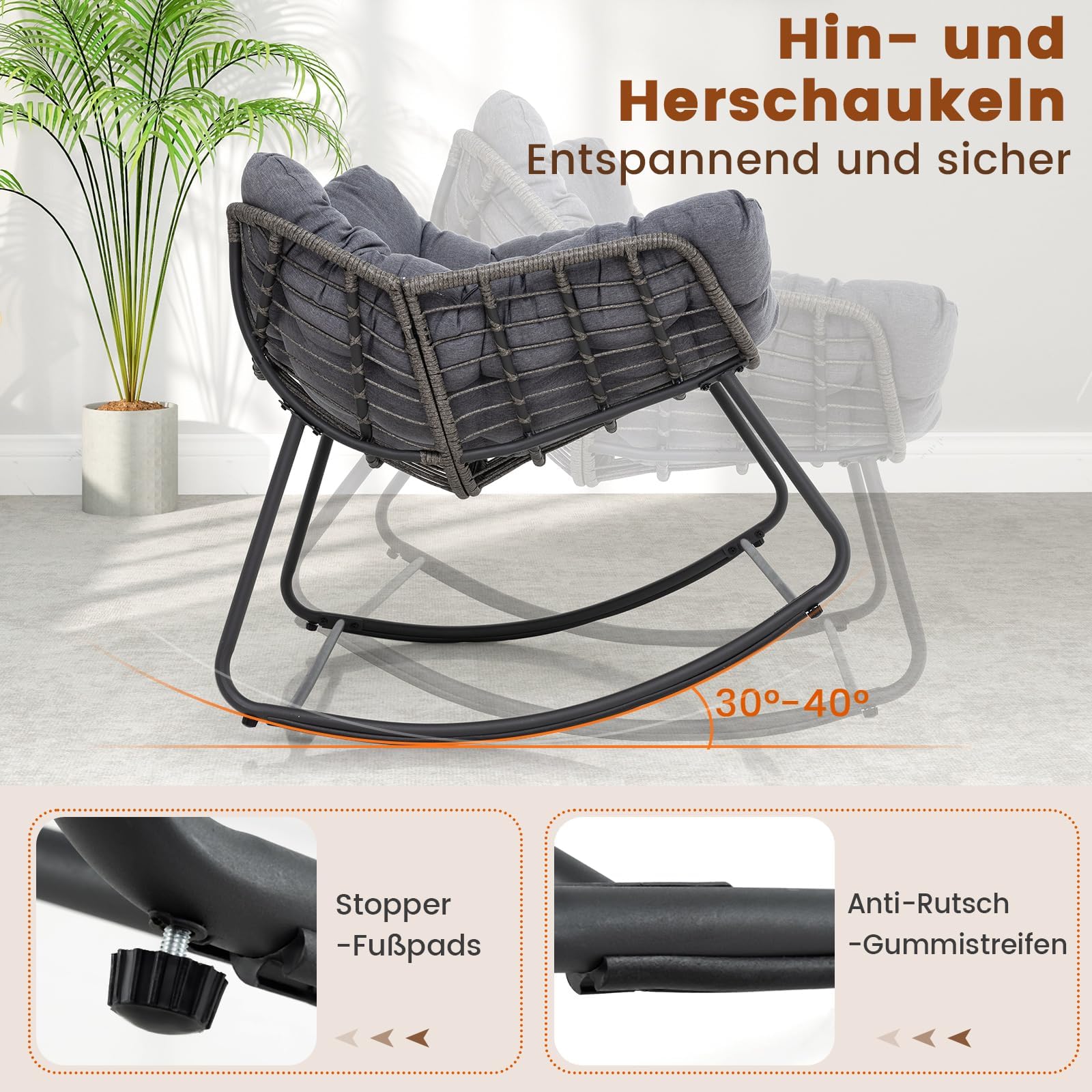 FANTASK übergroße Eiersessel, Terrassen-Schaukelstuhl mit dickem & abnehmbarem Kissen, Schaukelstuhl für drinnen & draußen, Grau