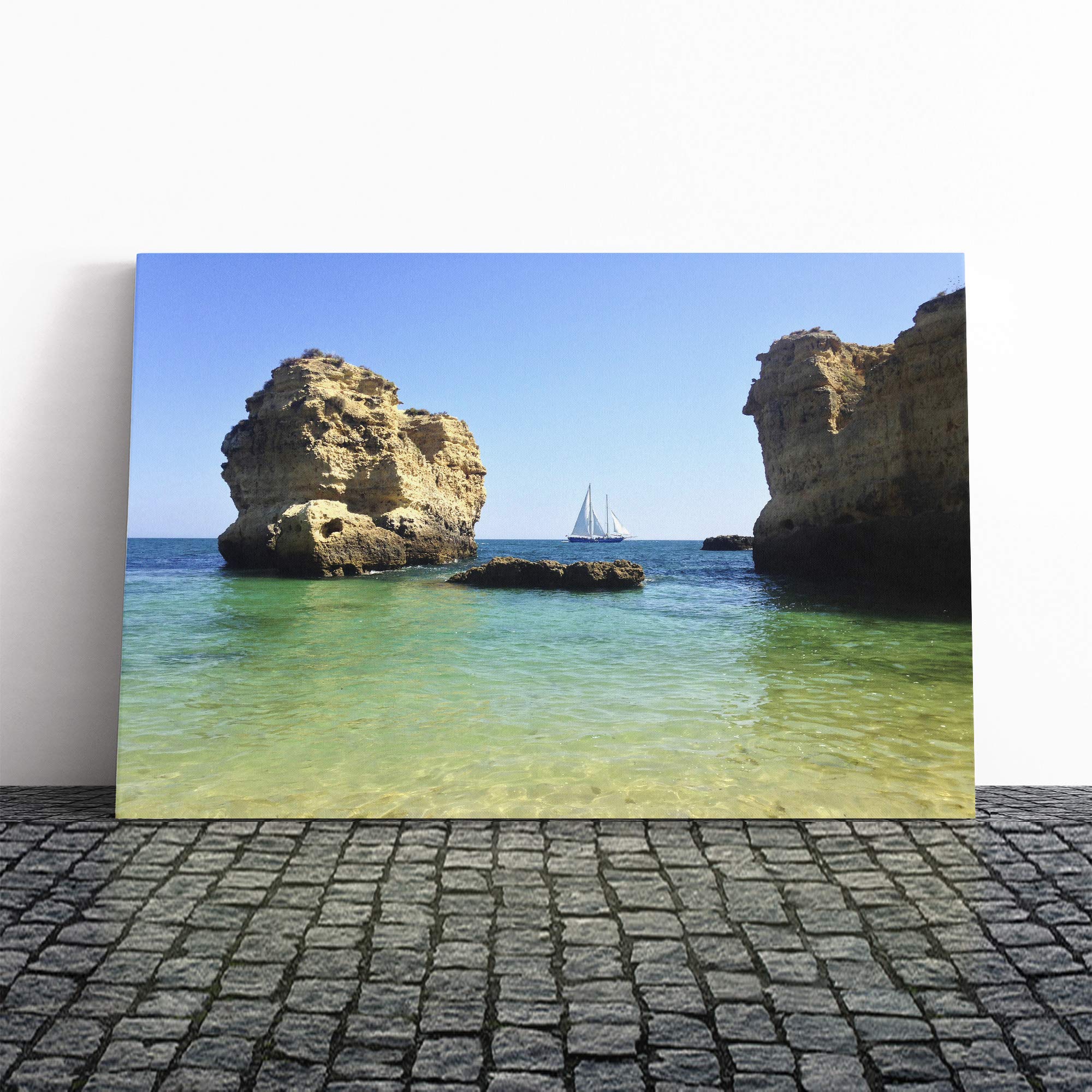Sailboat Between The Rocks Canvas Print | Gallery Wrapped 30mm Frame Wall Art | 30x20 inches | Ready to Hang | Modern Seascape Picture | Living Room Bedroom Lounge Office