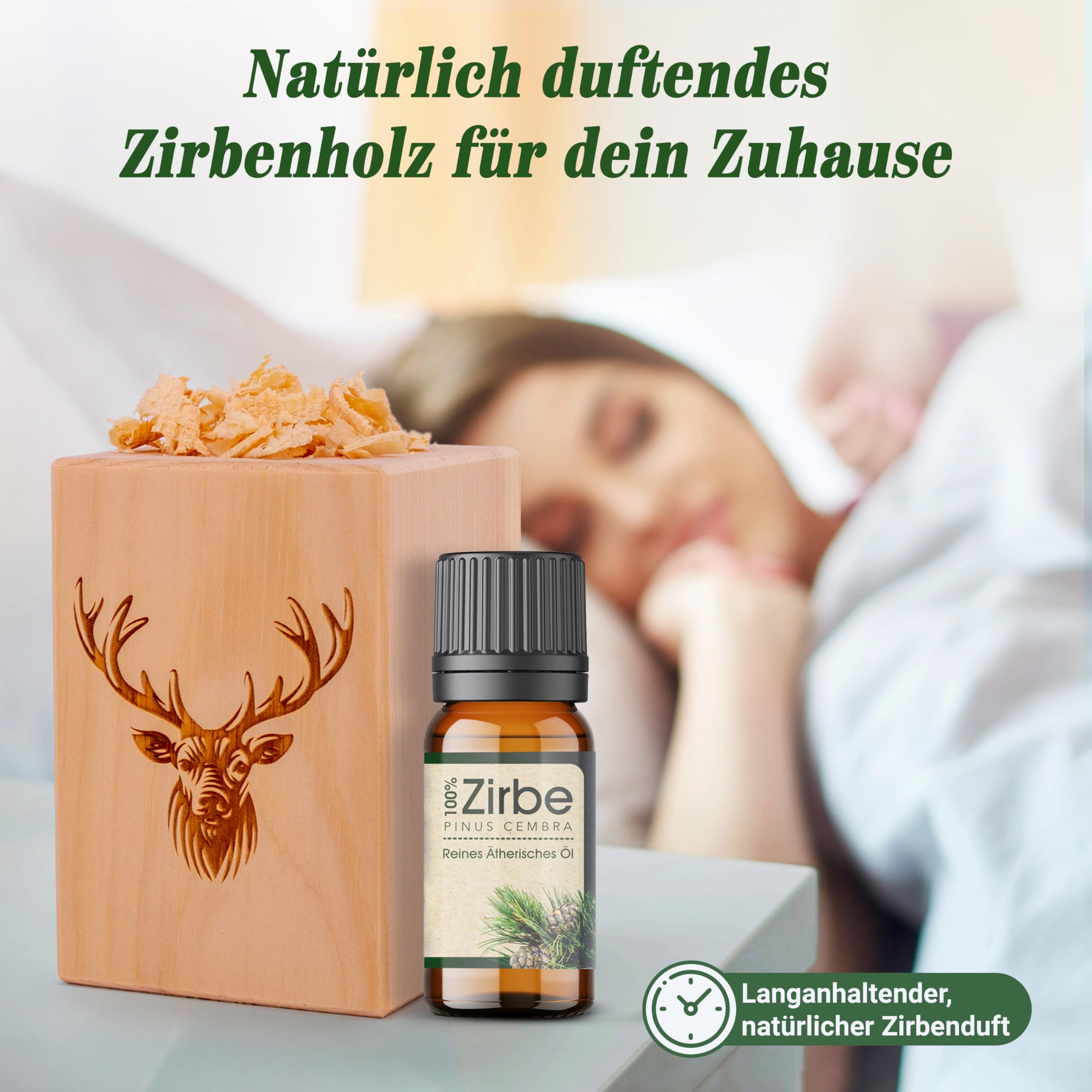 sagl.tirol® Zirbenholz Set mit Zirbenspäne und 10 ml Zirbenöl - Zirbelkiefer Öl – Zirbenduft und Deko aus Zirbelkiefer – Nachhaltige Zirbenholz Produkte, Zirbenwürfel, Raumduft Zirbe - Hirsch