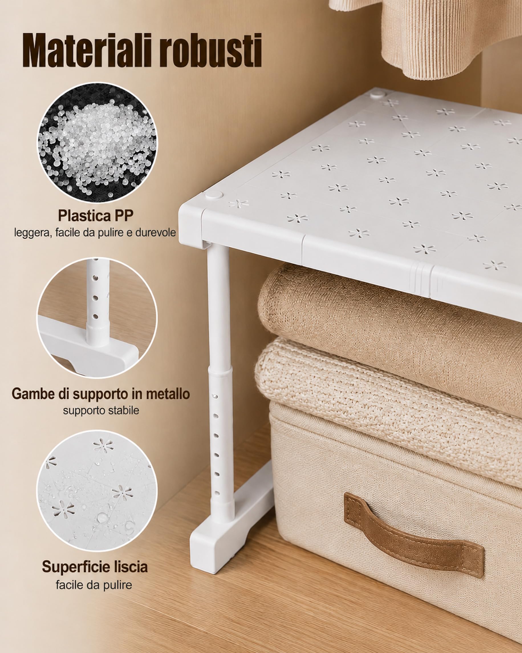 Armadio espandibile, impilabile, scaffale portaoggetti regolabile in altezza, bianco, organizer regolabile, lunghezza 47-68 cm, robusto scaffale per cucina, bagno, dispensa