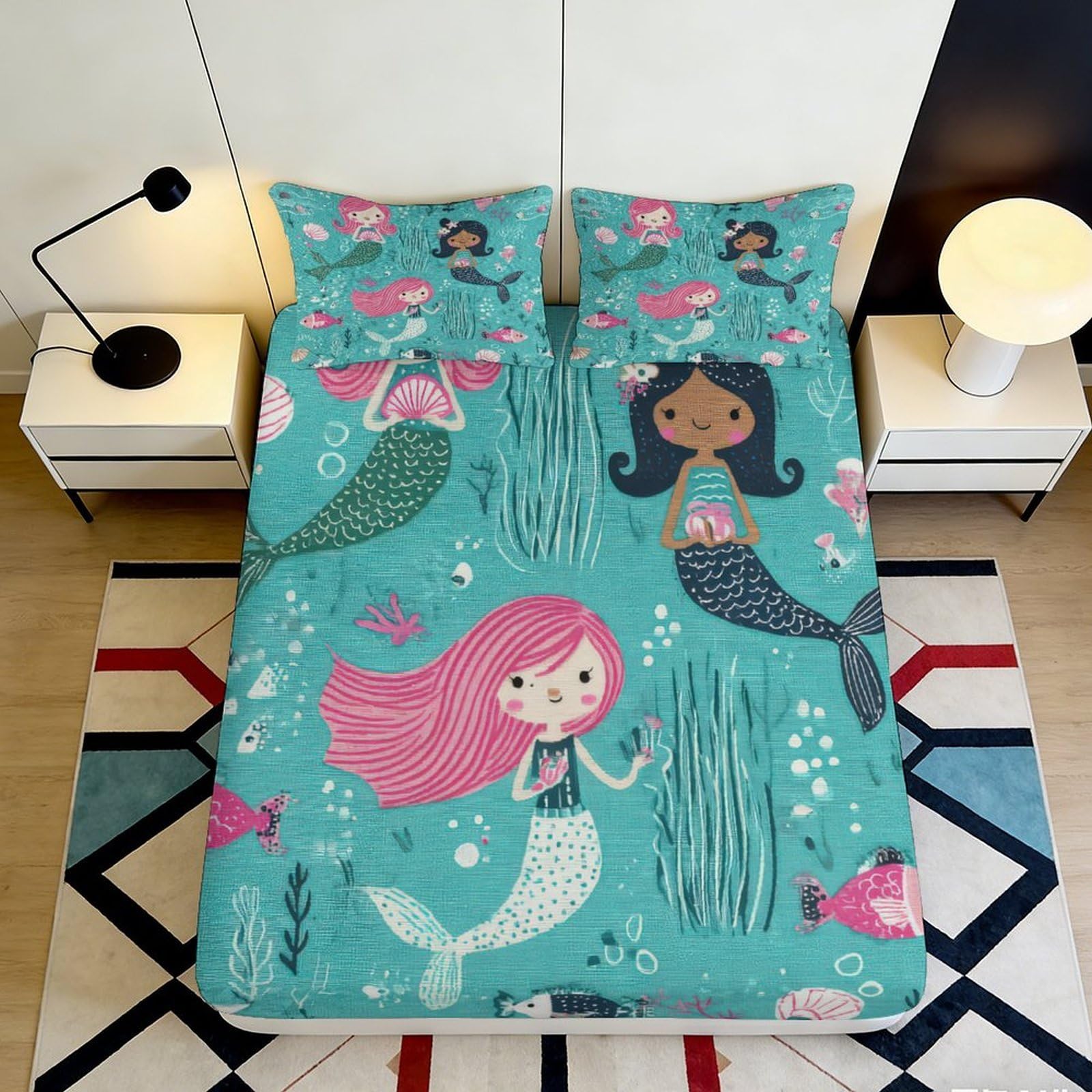 3D Printed Mermaid Ocean Fitted Sheet Microfiber Anti-Slip Coral Sea Bed Cover for Bedroom Guest Room Easy Care 120x200x25cm