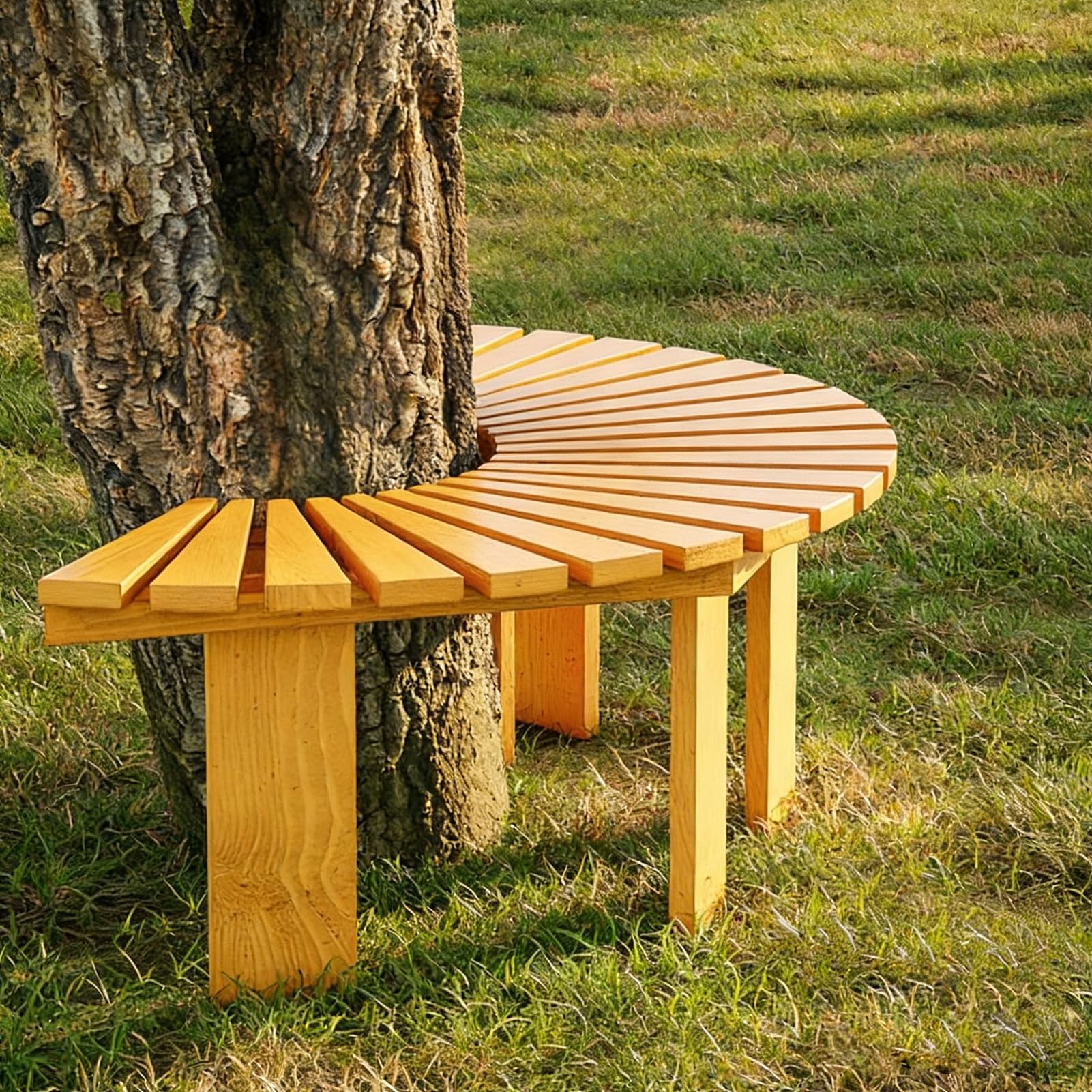ksxnkhk Half Round Tree Bench, Wrap-Around Outdoor Slatted Seat, Weatherproof Wooden Surround Benches for Patio Natural Garden Park - Easy Assembly & Drainage(Wood,Round)
