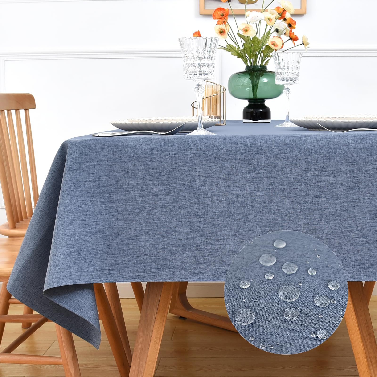 NEWISHER Farmhouse Water Resistant Rectangle Tablecloth 138x275 cm (54x108 inch), Faux Linen Table Cloth Wipe Clean, Washable Table Cover for Kitchen Dining, Party, Banquet Indoor Outdoor (Mist Blue)