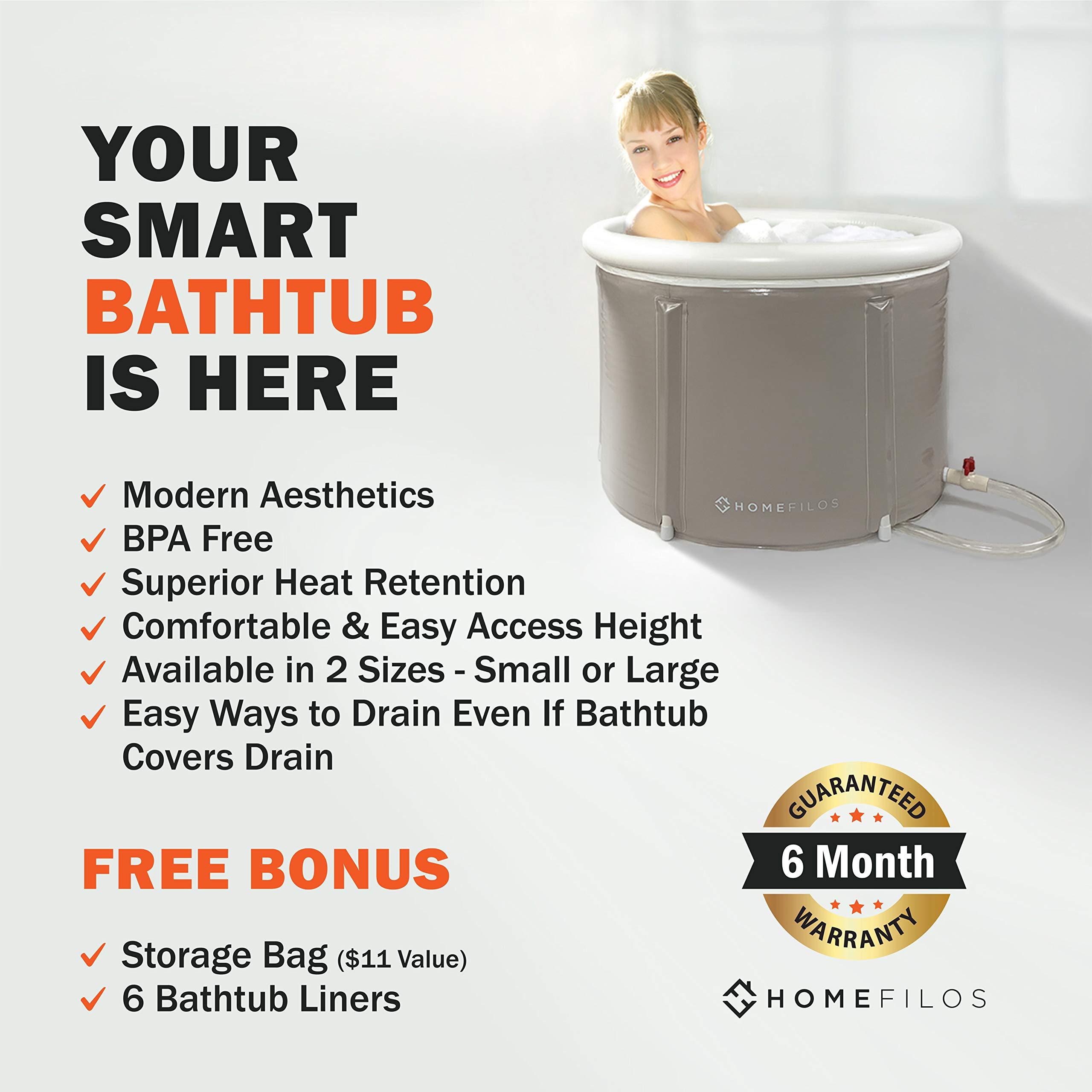 Portable Bathtub (Large) by Homefilos, Japanese Soaking Bath Tub for