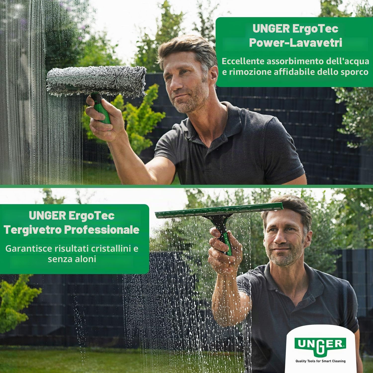 Unger Kit per la pulizia dei vetri (tergivetro, manico, copertura in microfibra, secchio da 12 L, detergente, raschietto, panno largo 35 cm) AK015