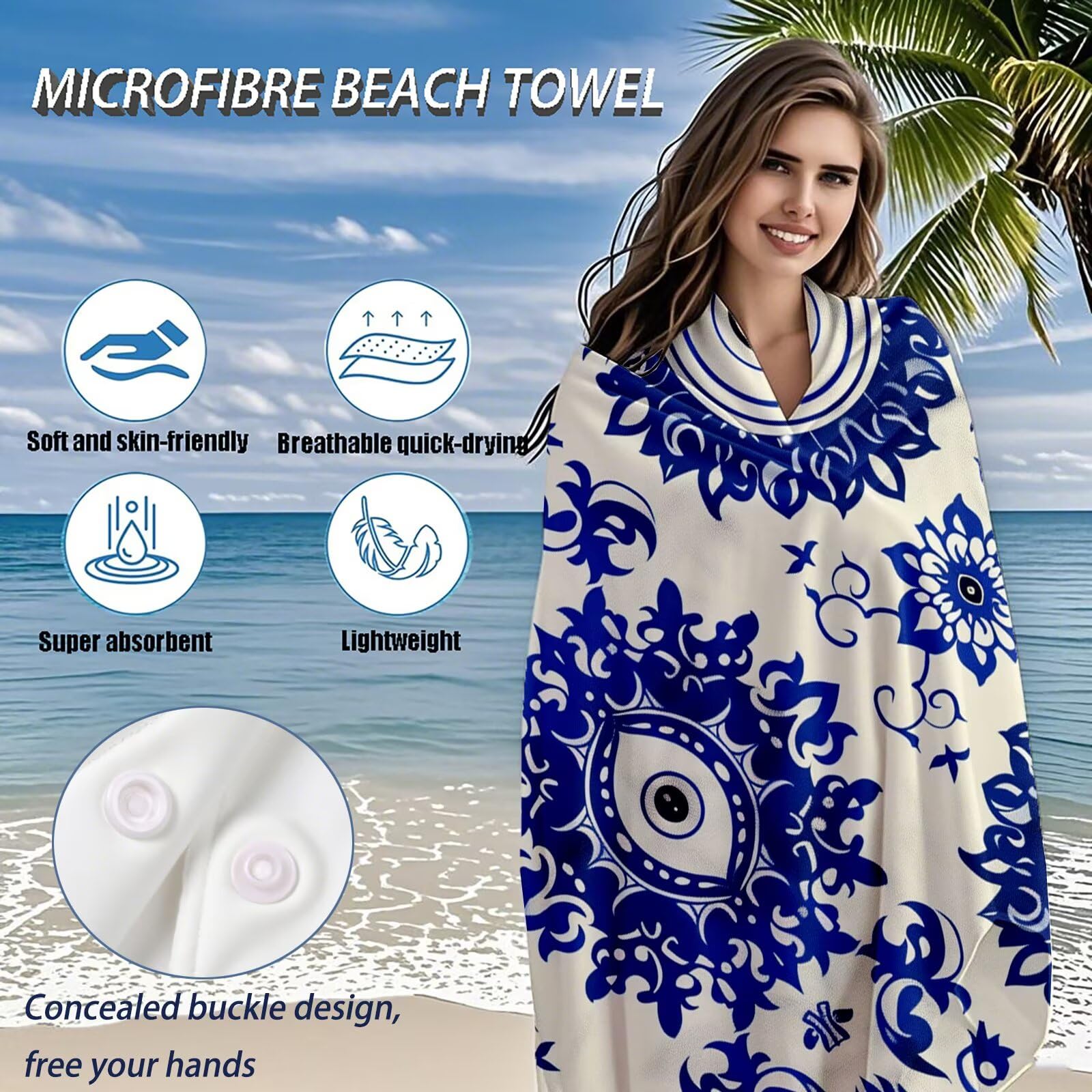 Toallas de Playa Microfibra Azul Toalla Playa Grande 100x180 cm Mujer Hombre Secado Rápido Absorbente Toallas Gimnasio Suave Sin Arena Ligera Toalla Microfibra para Playas Piscina Viajes Camping Q-720