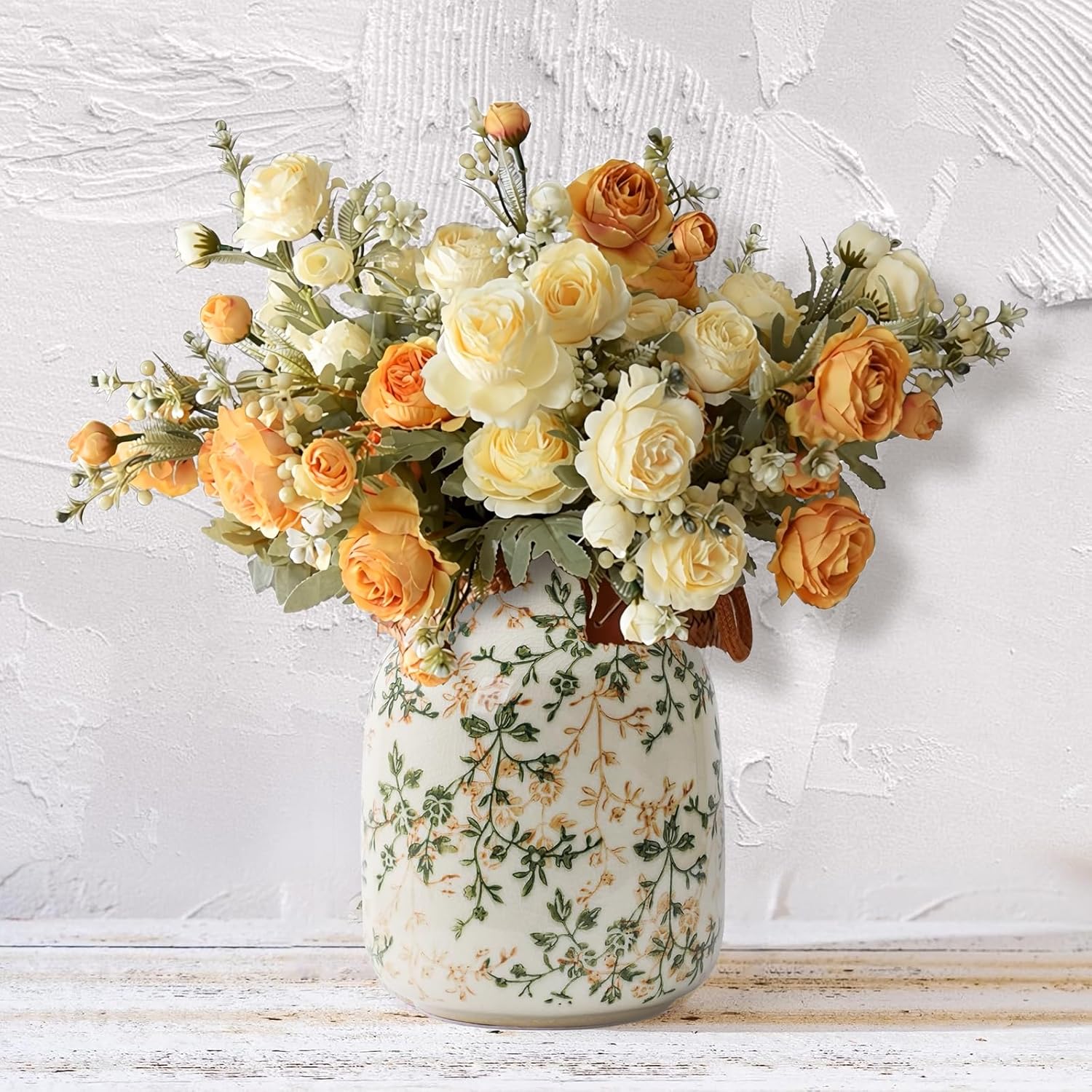 Rustic Vintage Ceramic Vase, 7.8 inch Beige and Green Decorative Vase, Aesthetic Farmhouse Pottery Vase for Home Decor, Living & Dining Room, Bookshelf, Office, TV Stand Table Decor Green and Beige