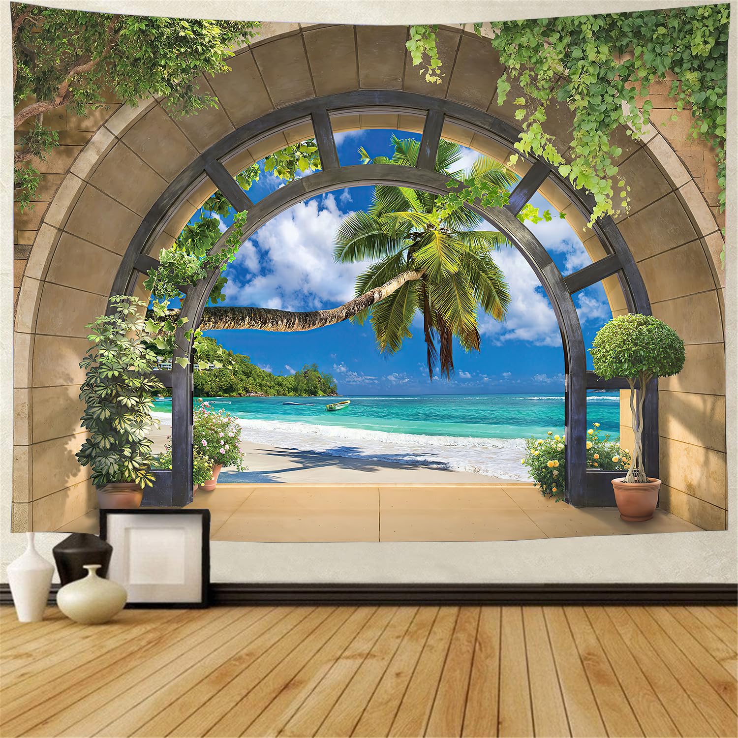 FENDROMBeach Decor Tapestry Ocean Sea Tropical Island Palm Tree Scenic View From Window Summer Tropical Scenery Wall Hanging Nature Tapestry For Bedroom Living Room Dorm