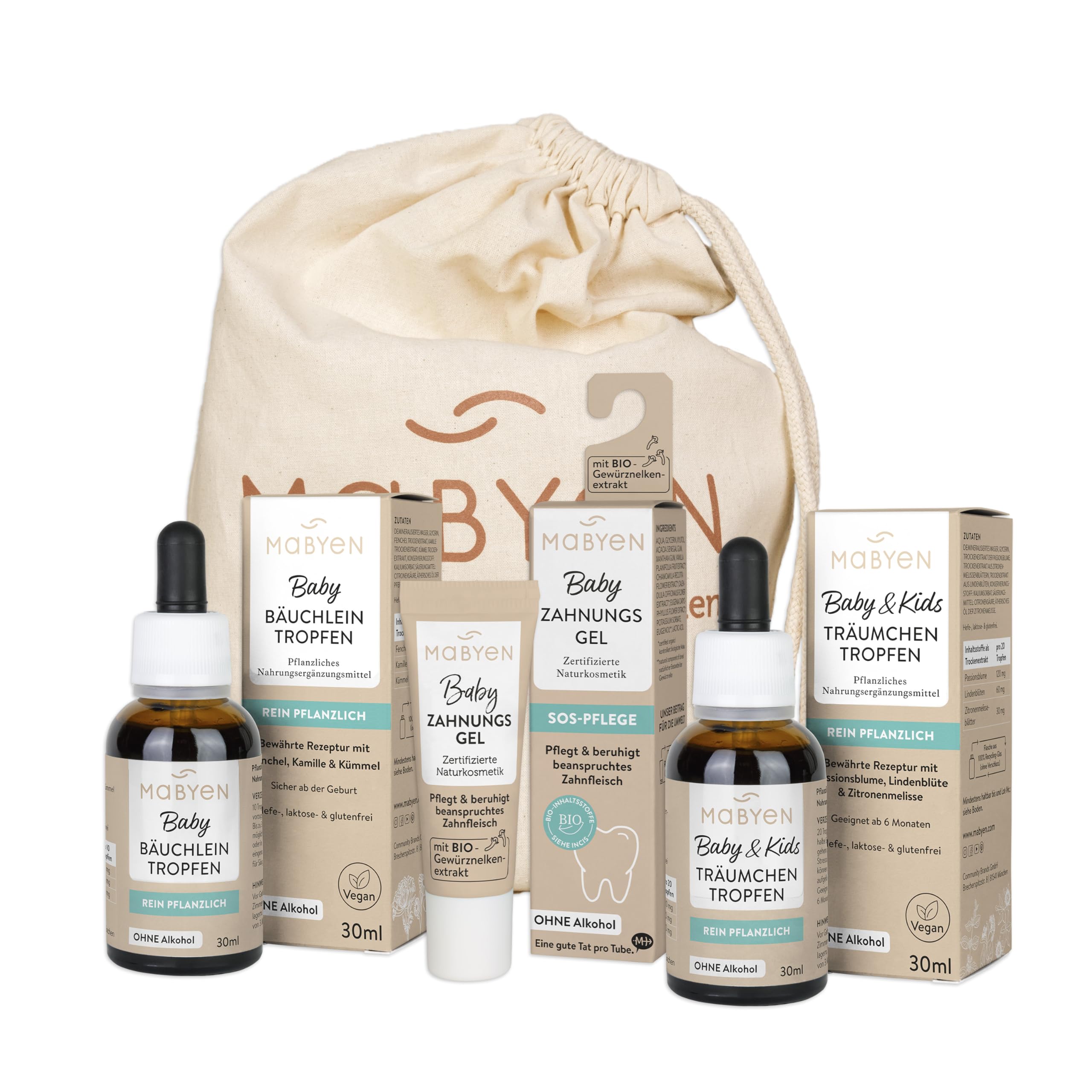 MABYEN Baby Wohlfühl Set - Naturkosmetik, zuckerfrei, ohne Alkohol, vegan, Geschenkset - 3 Produkte + Stoffbeutel - Zahnungsgel, Bäuchleintropfen und Träumchentropfen