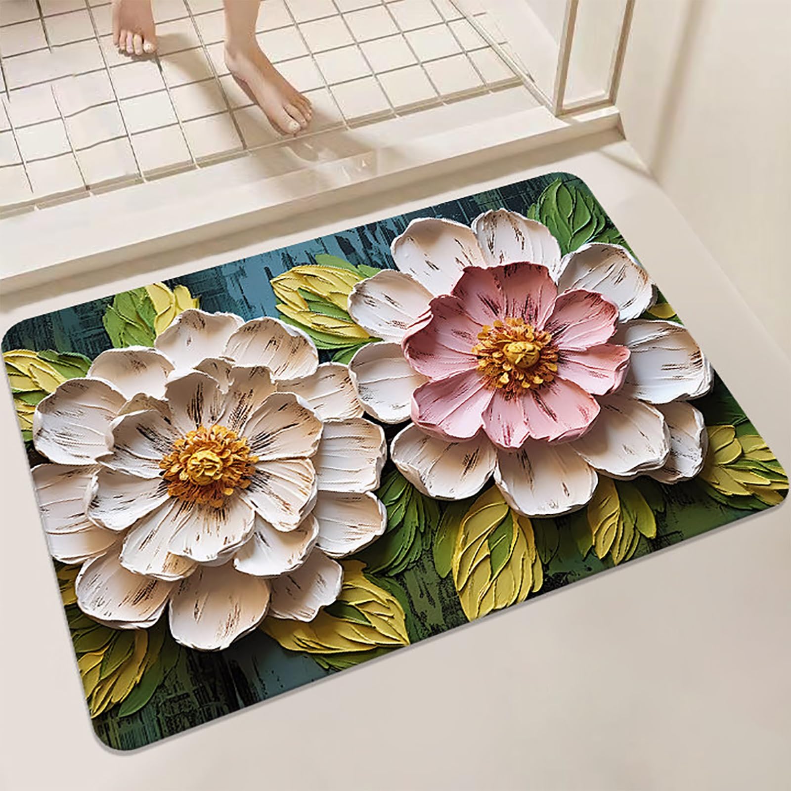 Tapis de salle de bain floral 3D anti-glisse et absorbant rose