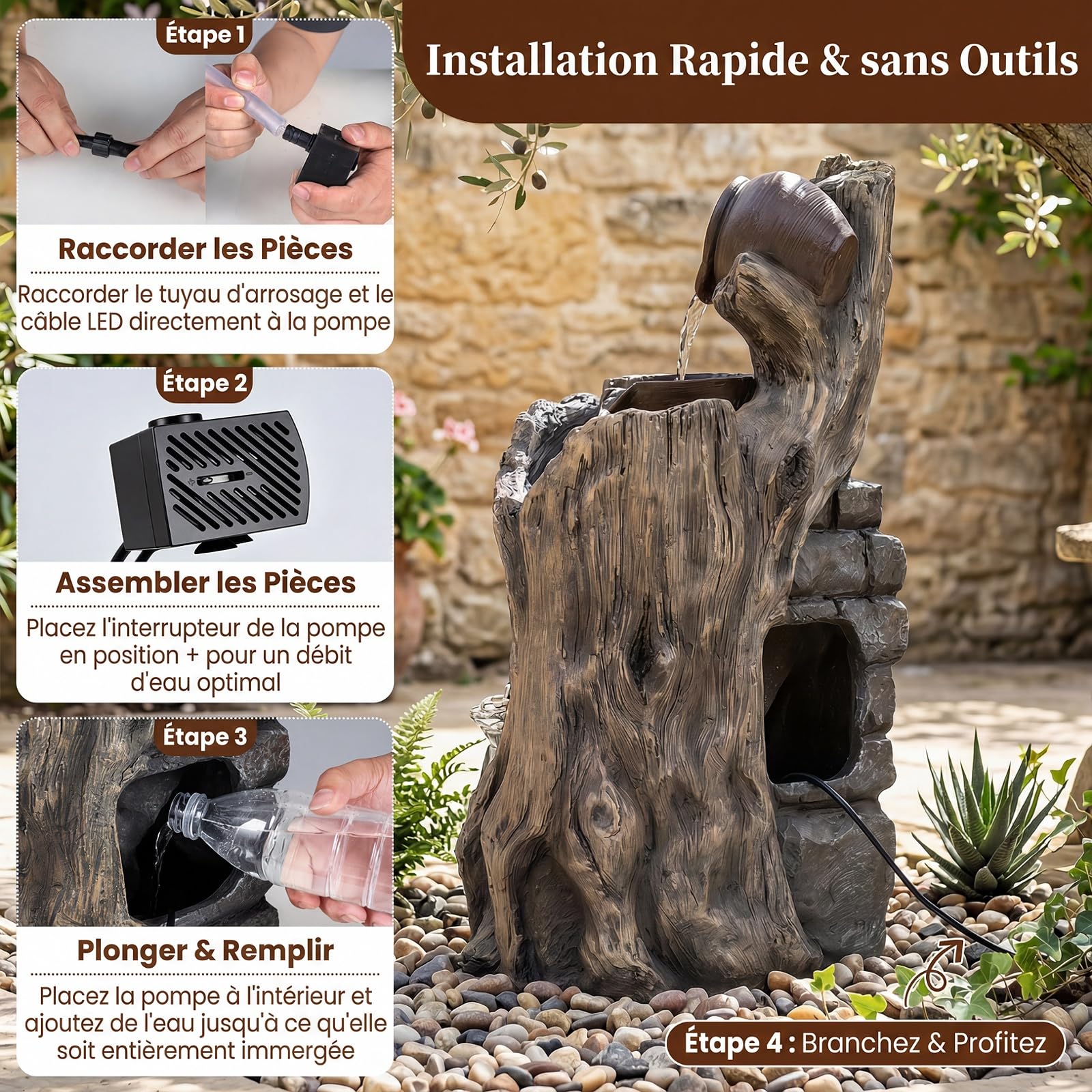 COSTWAY Fontaine de Jardin avec Éclairage LED et Cascade Aspect Pierre