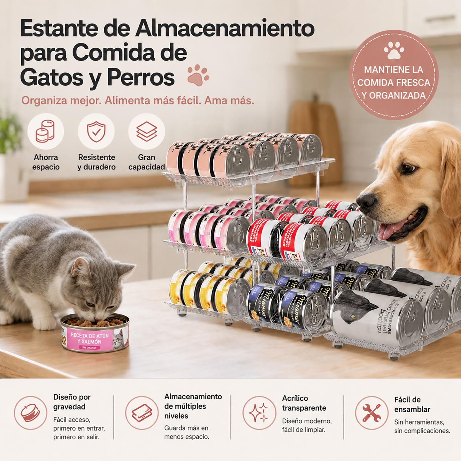 Organizzatore per Lattine e Barattoli da Conserva per Dispensa – Distributore a 3 Livelli Impilabile per Armadio Cucina e Frigo – Sistema di Conservazione Regolabile per Conserve, Bibite e