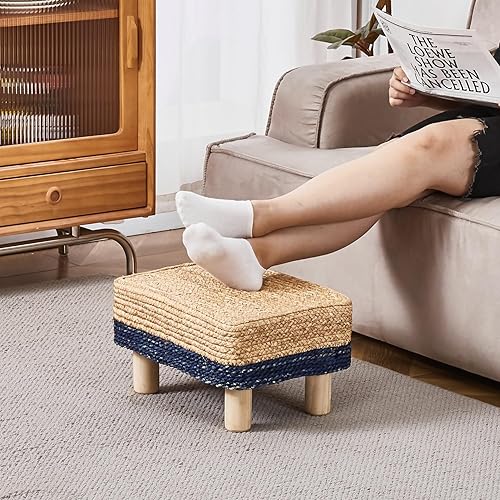 Miniatura 3 de Cpintltr Taburete otomano rectangular, reposapiés, otomano, reposapiés natural de algas marinas con patas de madera, taburete tejido a mano para