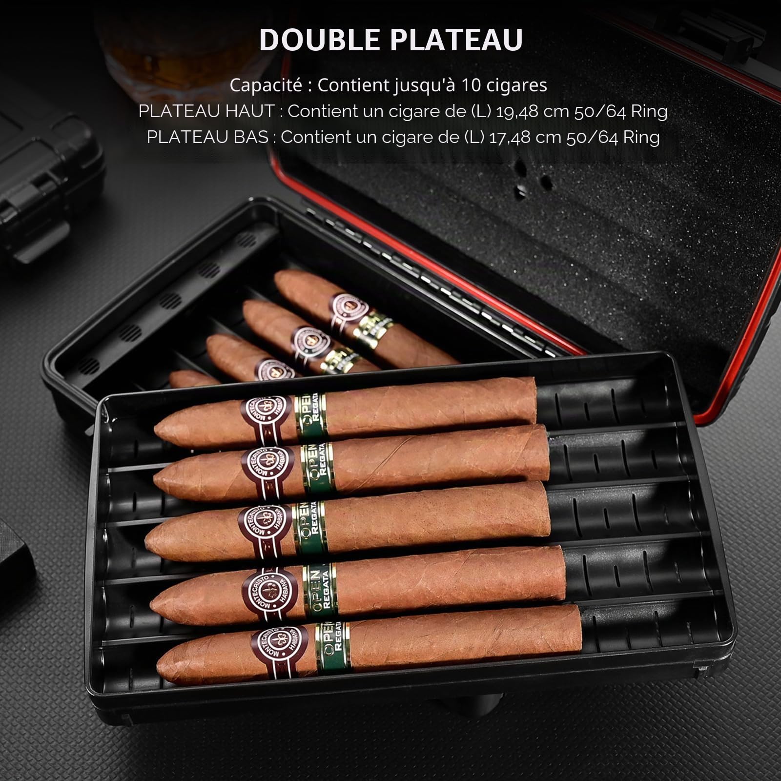 CIGARLOONG Cave à cigares Voyage étui à cigares Double Couche avec hygromètre et humidificateur(Couleur:Noir)