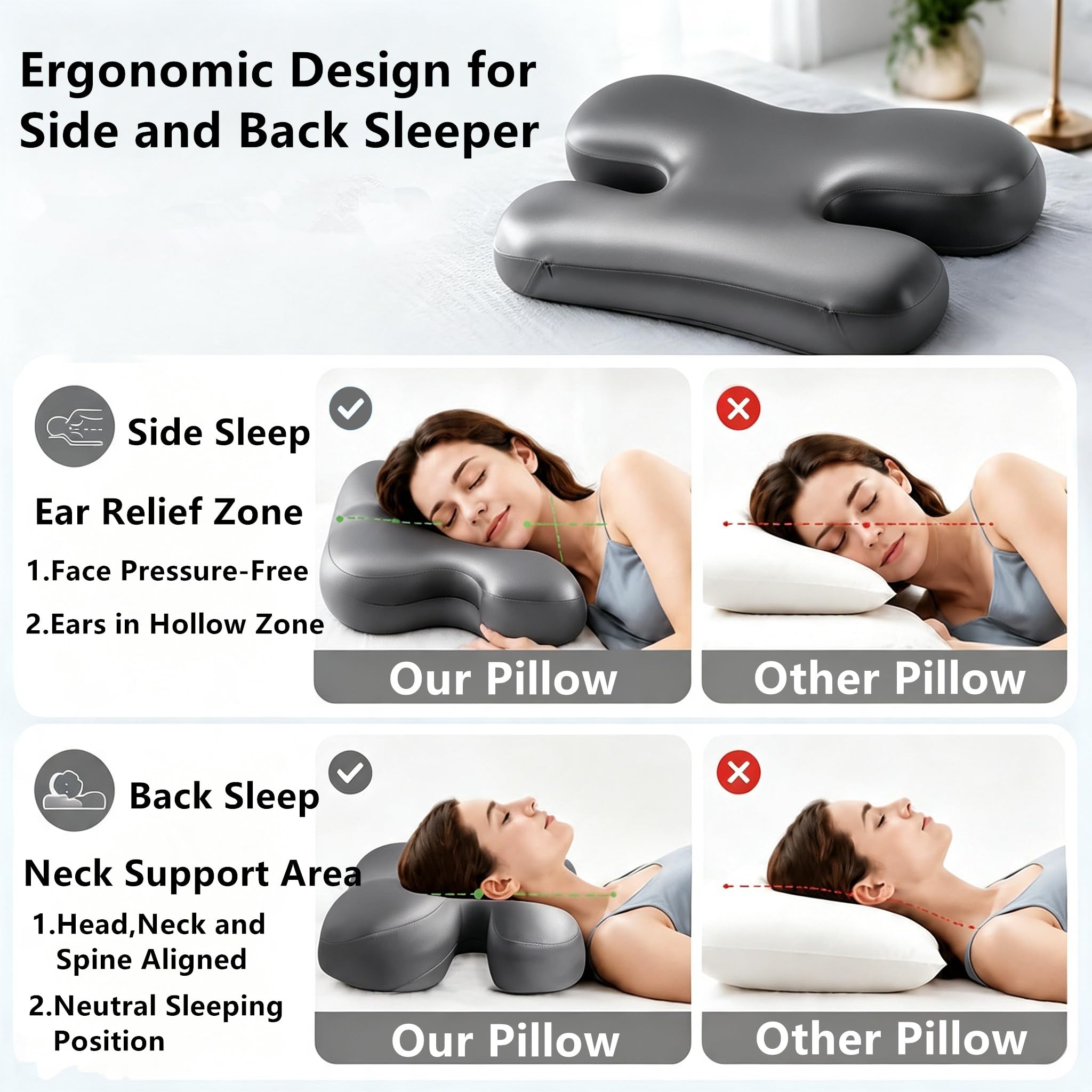 Oreiller Cervical Ergonomique Mémoire de Forme,Taie d'oreiller en Satin Forme de H Coussin pour Dormir sur Le Côté et sur Le Dos,Soulagement de la Pression